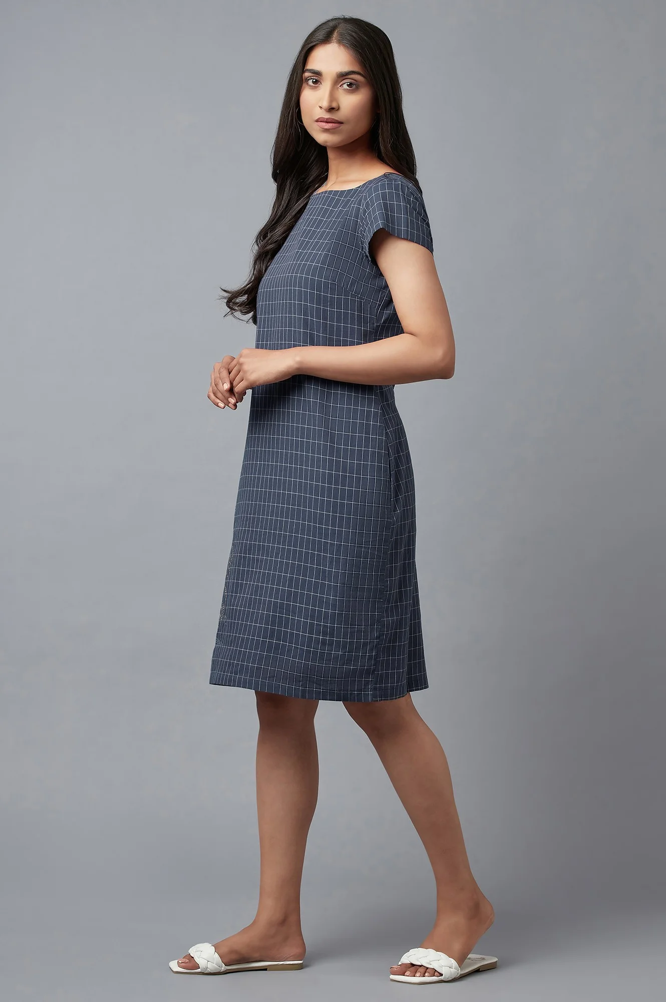 Blue Checks Cotton Dress In Round Neck With Thread Embroidery - Image 3