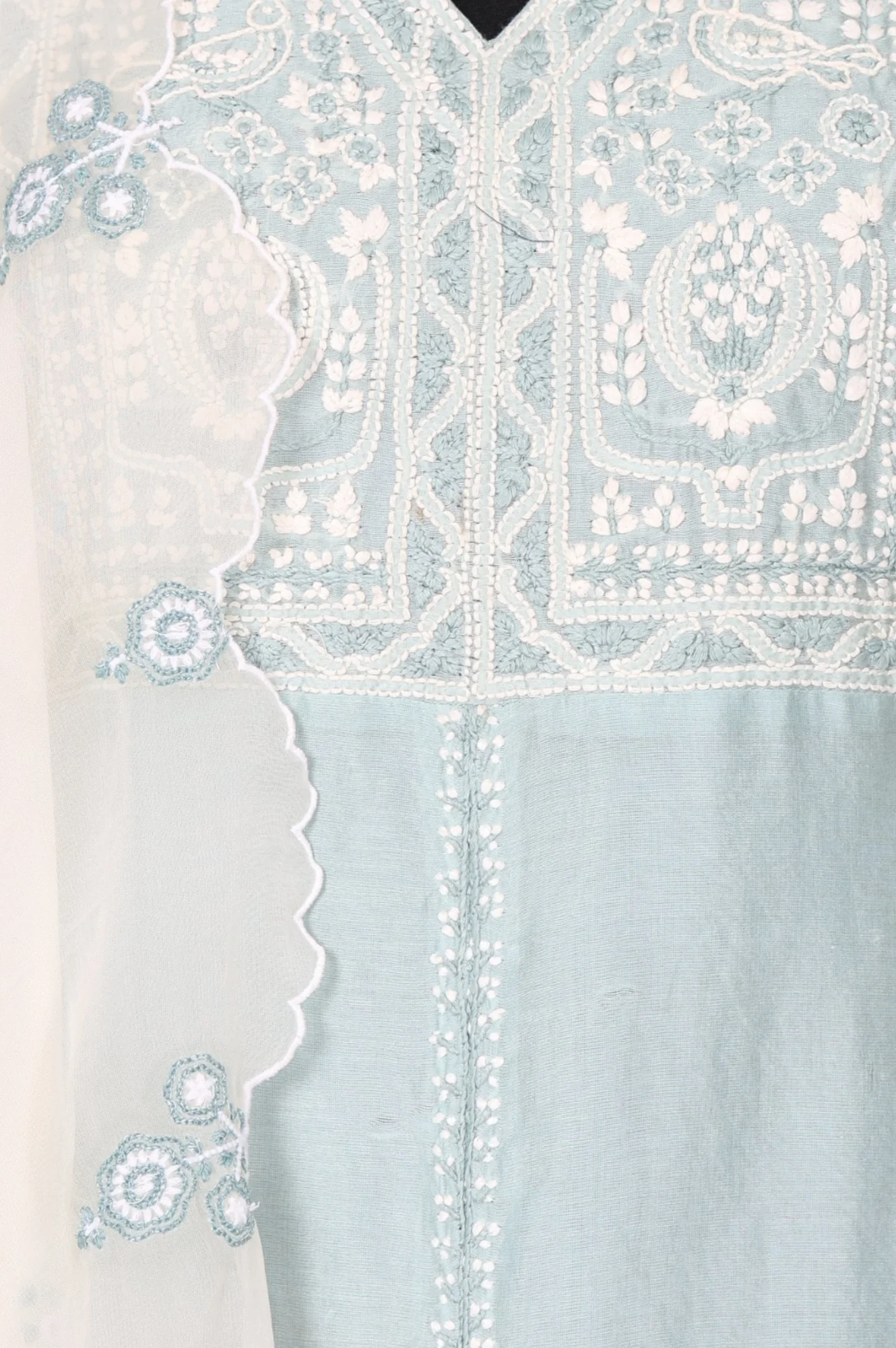Blue Chikankari Cotton Blend Straight Kurta with Pant and Dupatta Set - Image 2