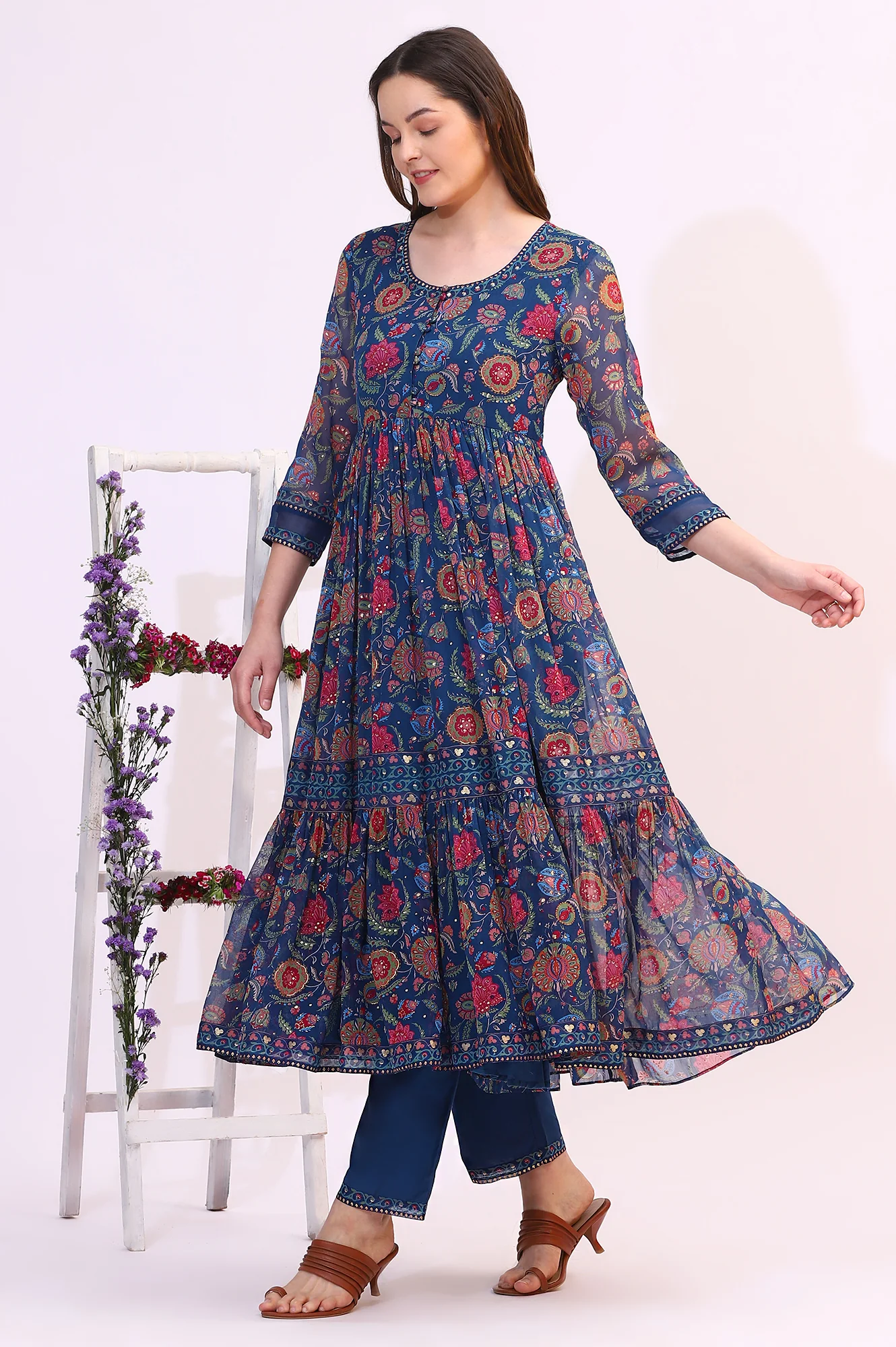 Blue Chintz Floral Printed Chiffon Anarkali Kurta, Straight Pants and Dupatta Set - Image 2
