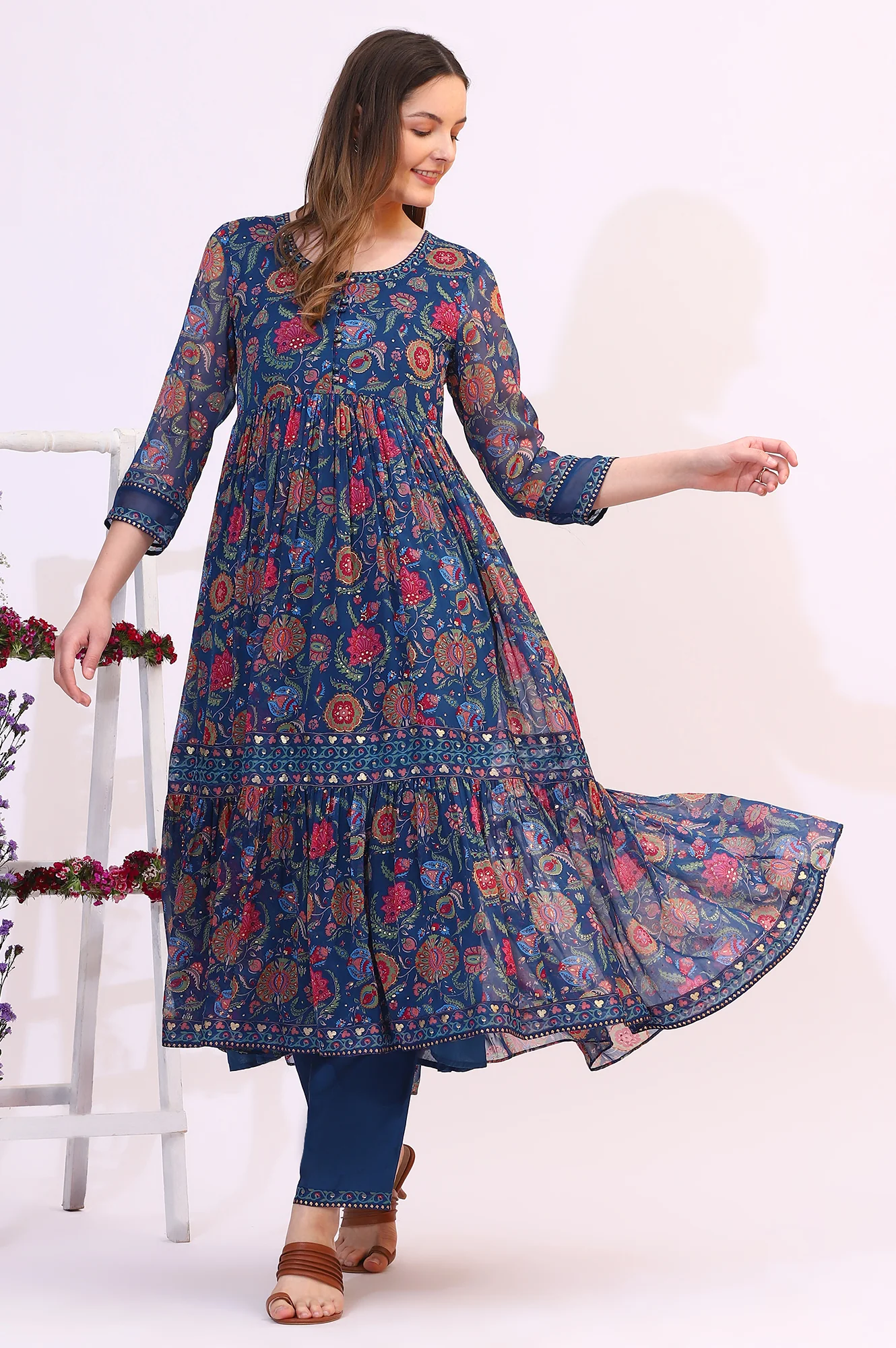 Blue Chintz Floral Printed Chiffon Anarkali Kurta - Image 2