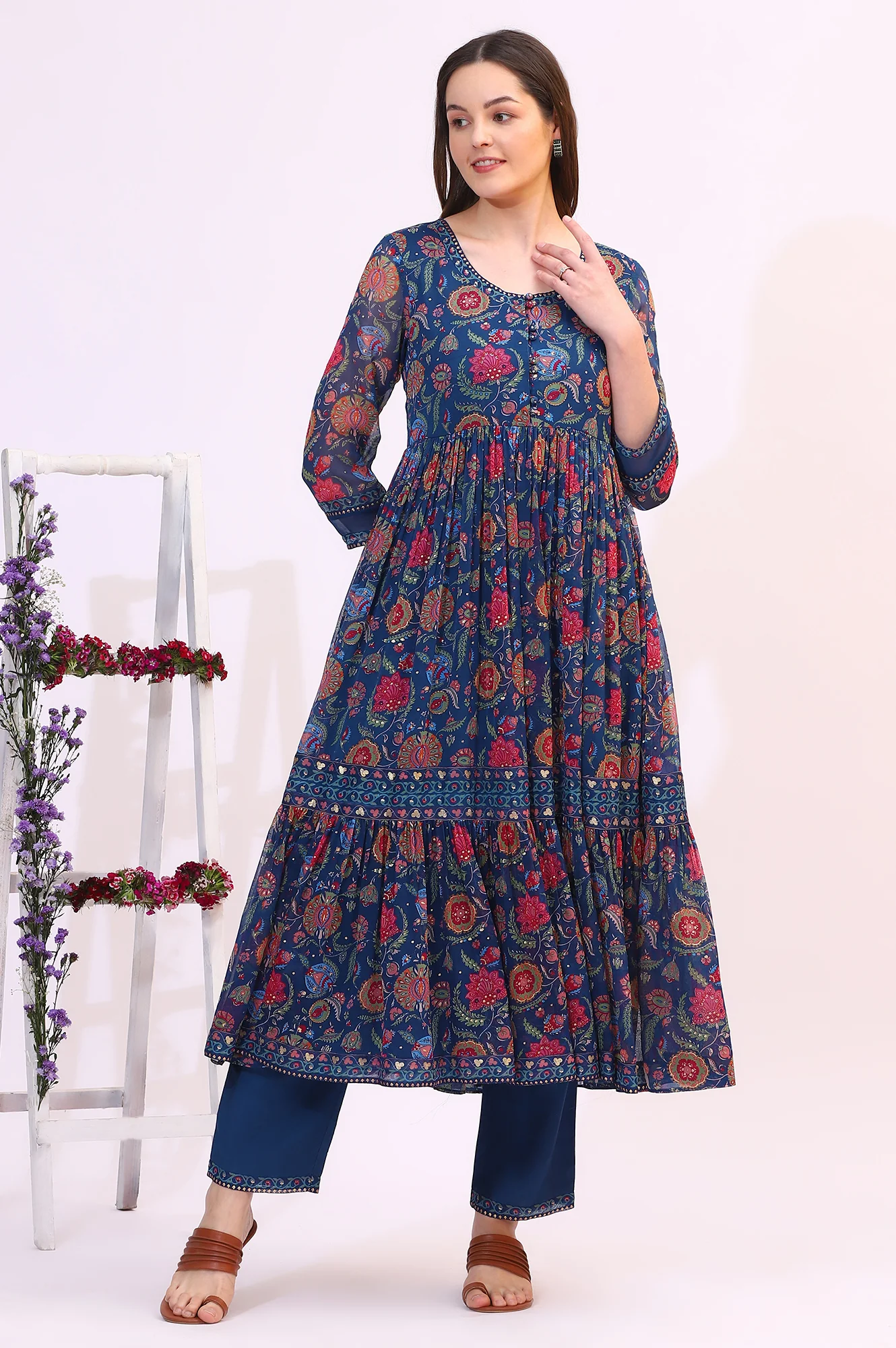 Blue Chintz Floral Printed Chiffon Anarkali Kurta - Image 3