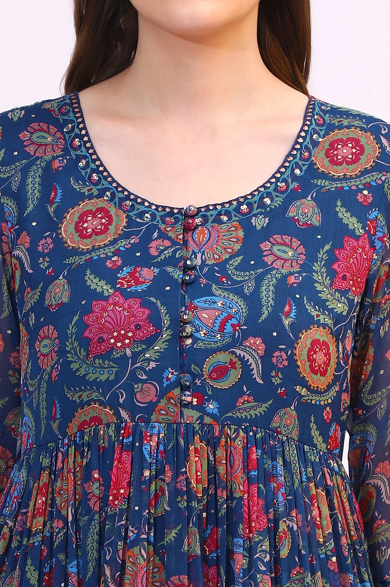 Blue Chintz Floral Printed Chiffon Anarkali Kurta - Image 4