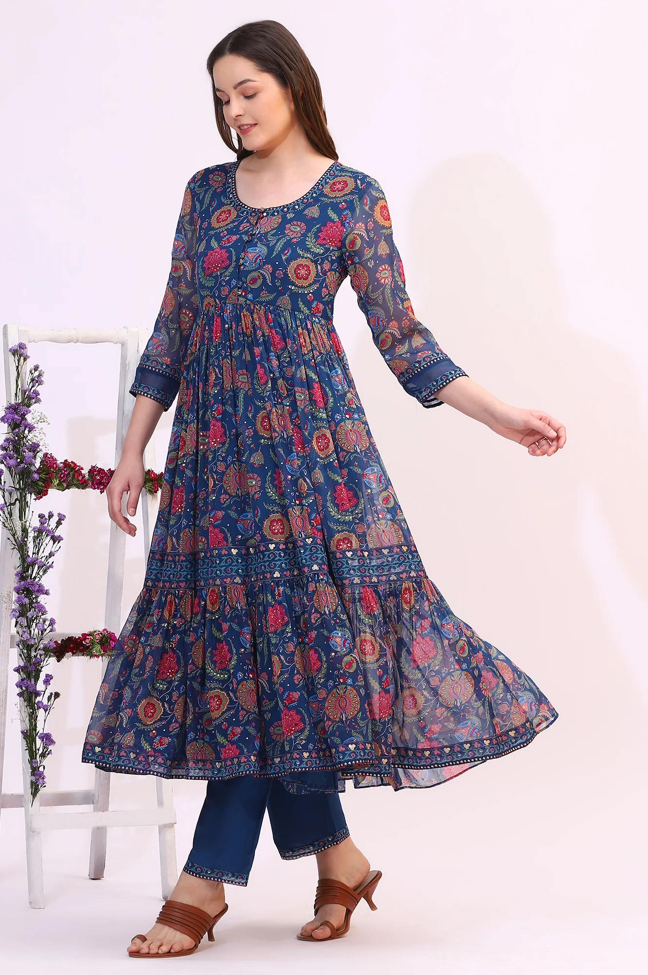 Blue Chintz Floral Printed Chiffon Anarkali Kurta - Image 5