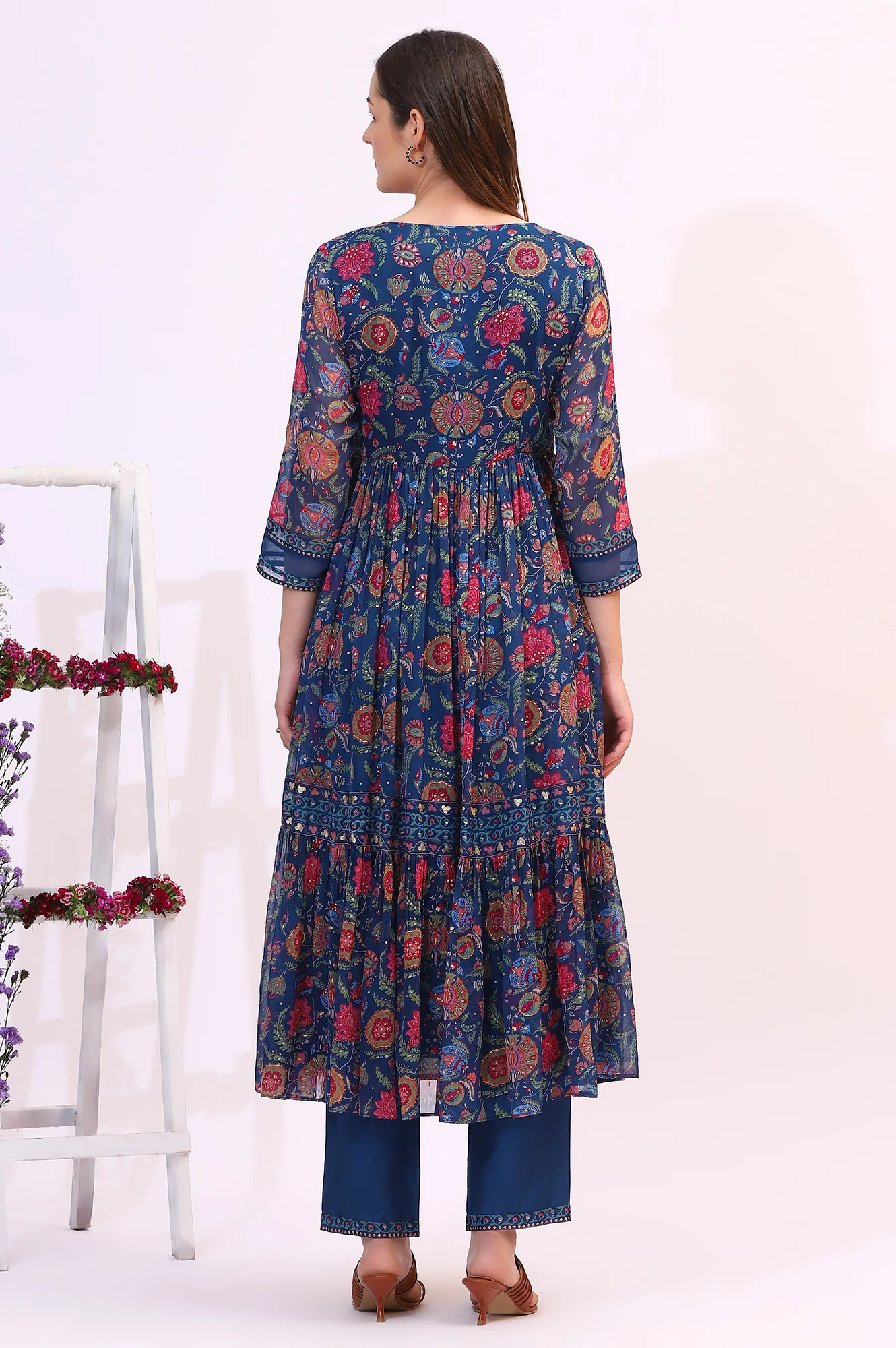 Blue Chintz Floral Printed Chiffon Anarkali Kurta - Image 6