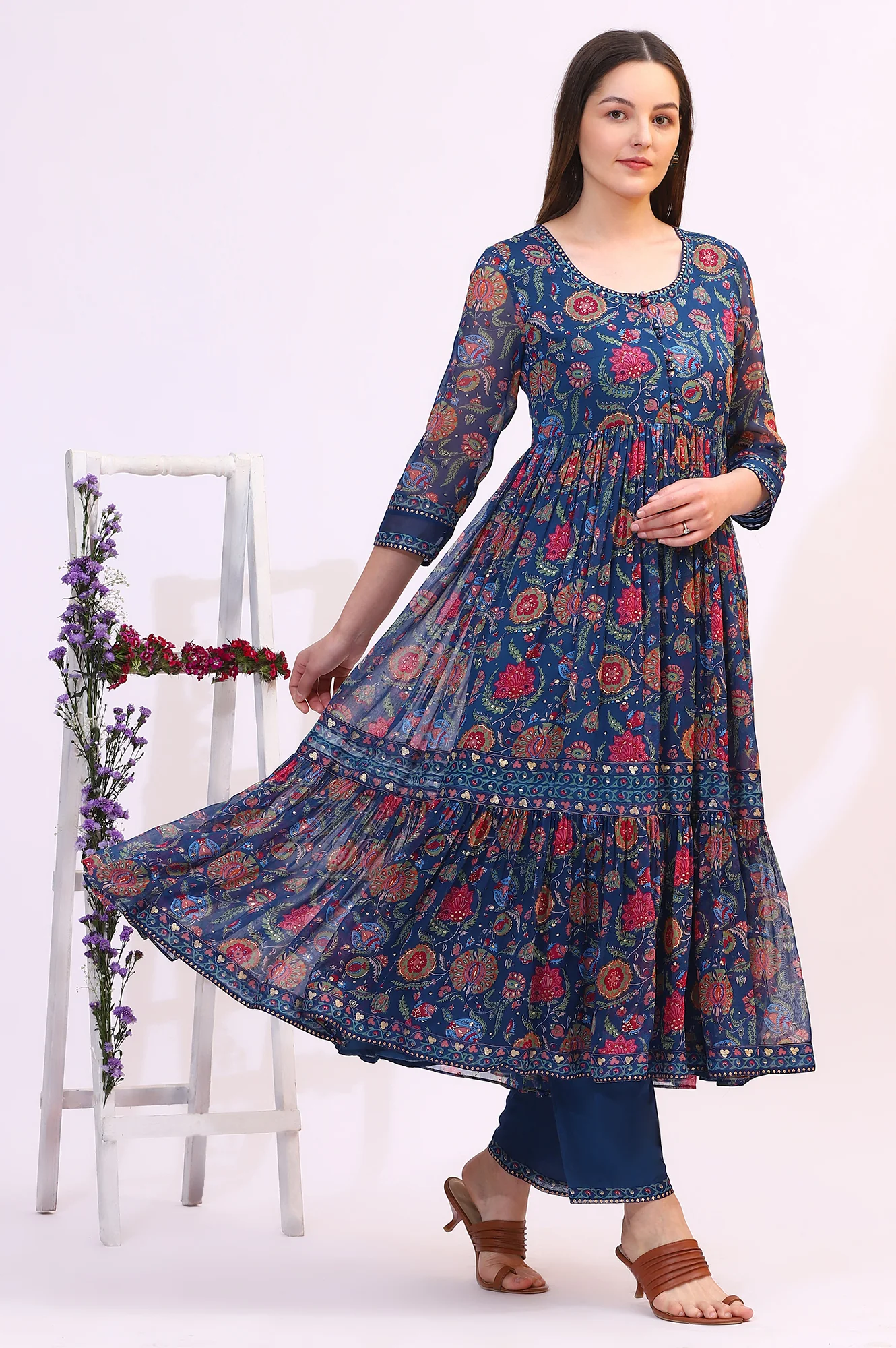 Blue Chintz Floral Printed Chiffon Anarkali Kurta - Image 7