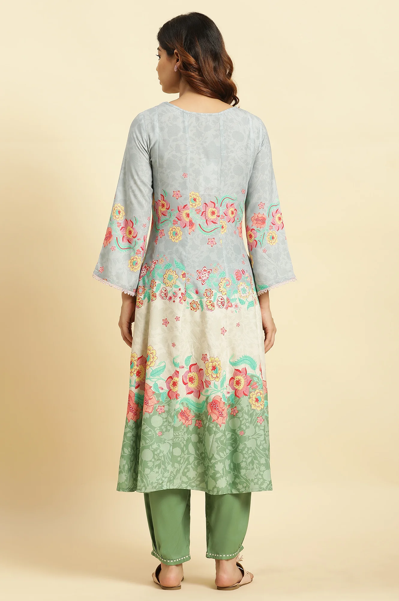 Blue Colour Blocked Printed Flared Kurta - Image 4