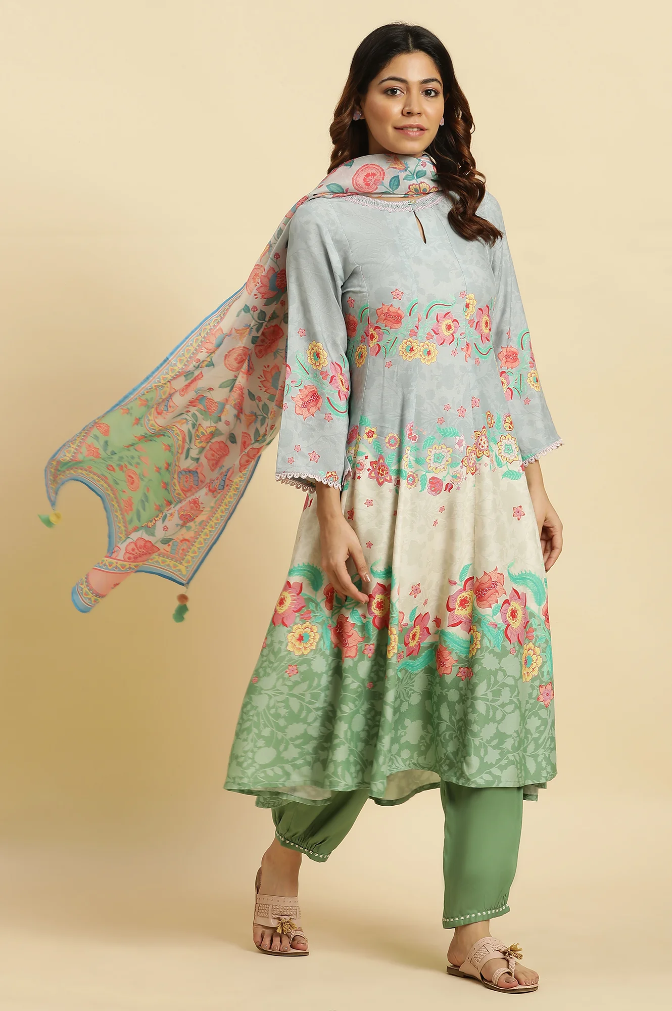 Blue Colour Blocked Printed Flared Kurta - Image 5