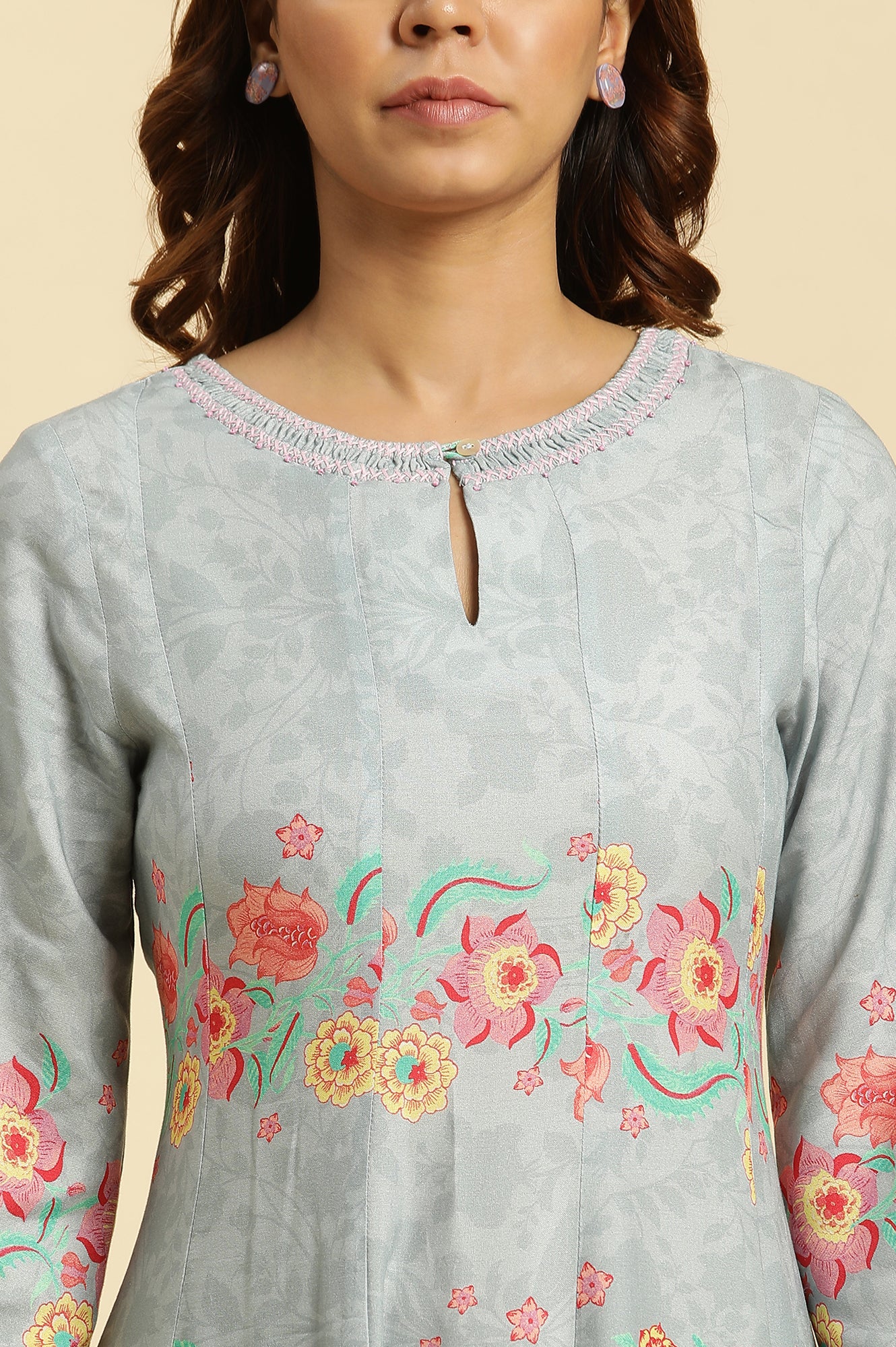 Blue Colour Blocked Printed Flared Kurta - Image 6