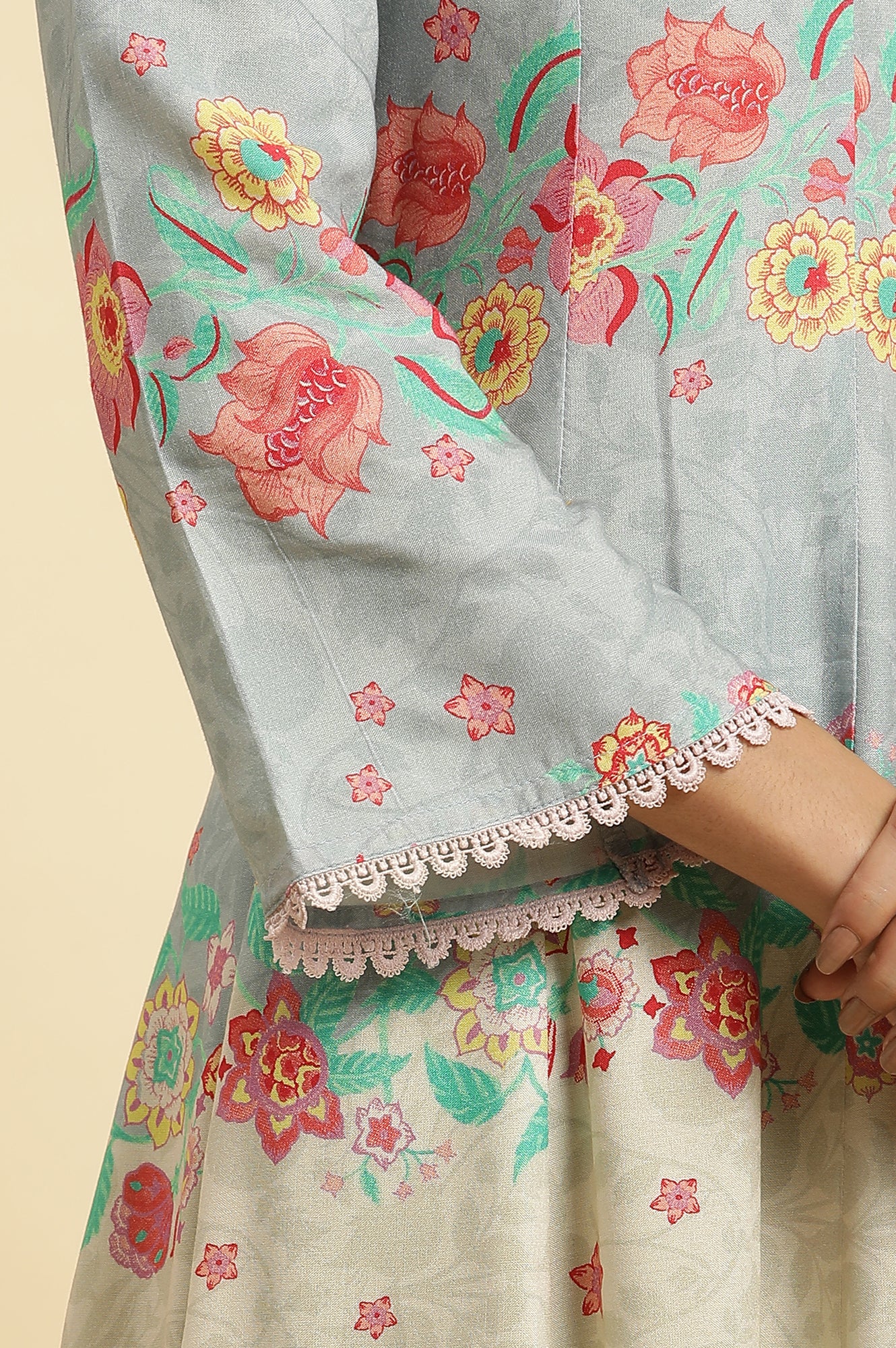 Blue Colour Blocked Printed Flared Kurta - Image 7