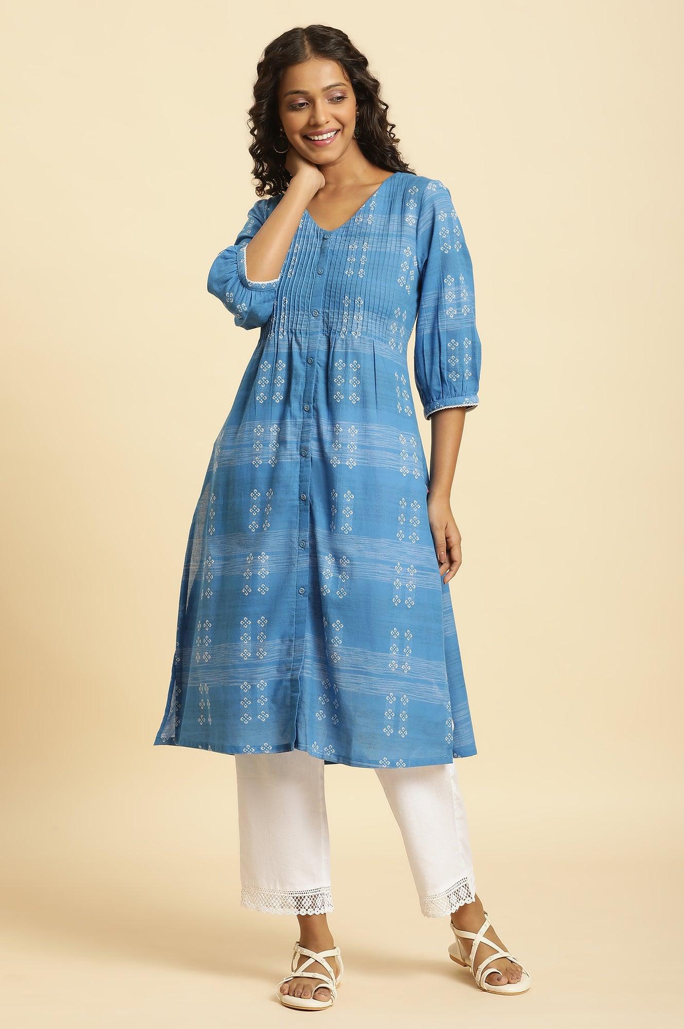 Blue Cotton Dobby A-Line Kurta - Image 2