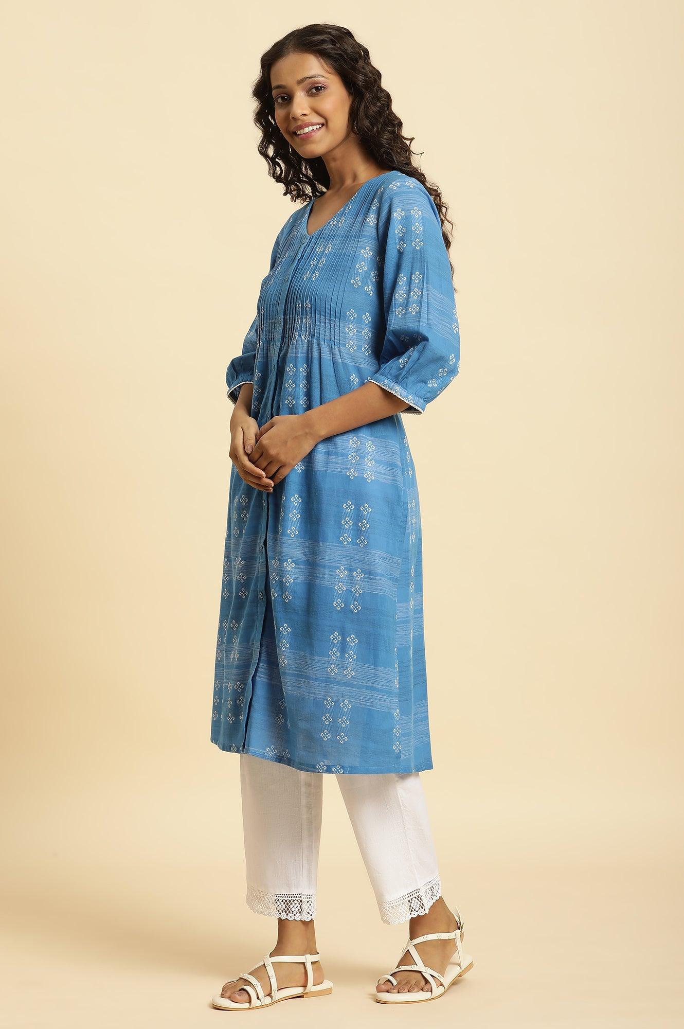 Blue Cotton Dobby A-Line Kurta - Image 3