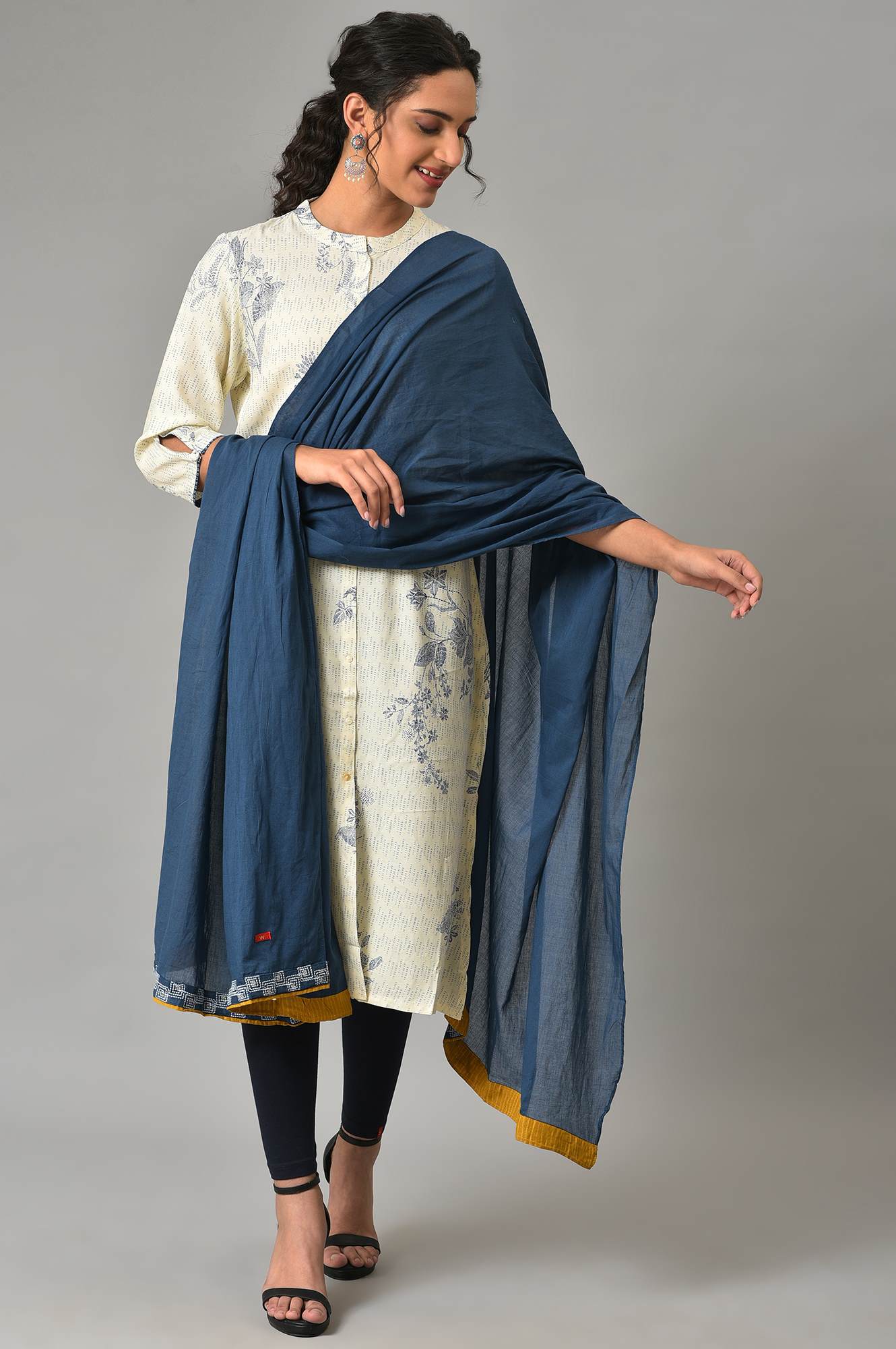 Blue Cotton Dupatta with Running Stich Embroidery - Image 2