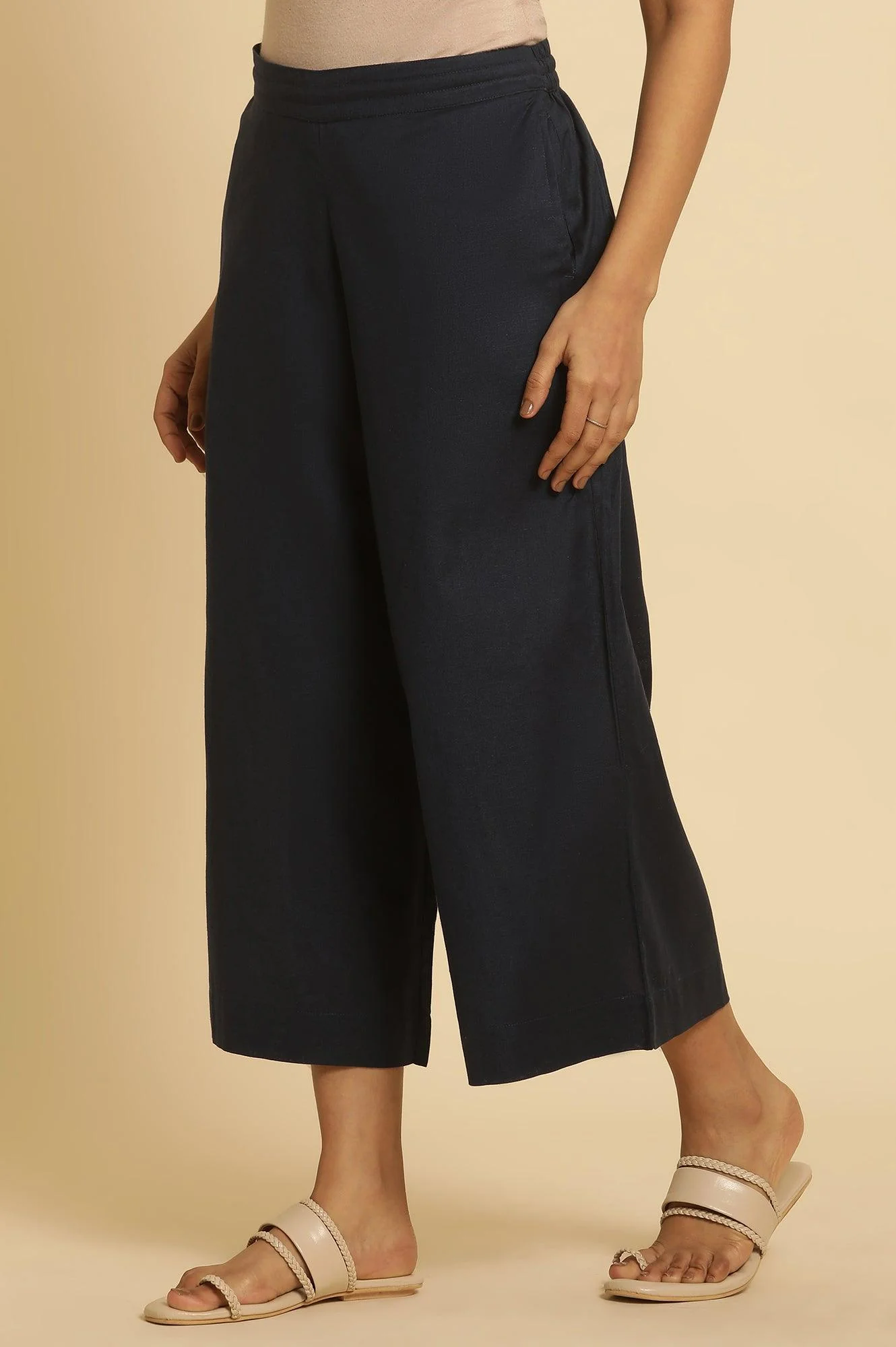 Blue Cotton Flax Flared Pants - Image 2