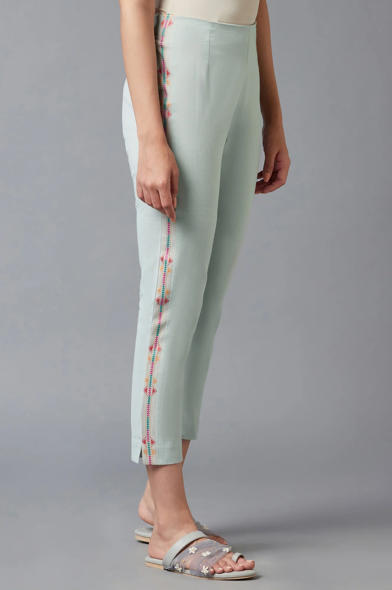 Blue Cotton Flax Solid Slim Pants - Image 4