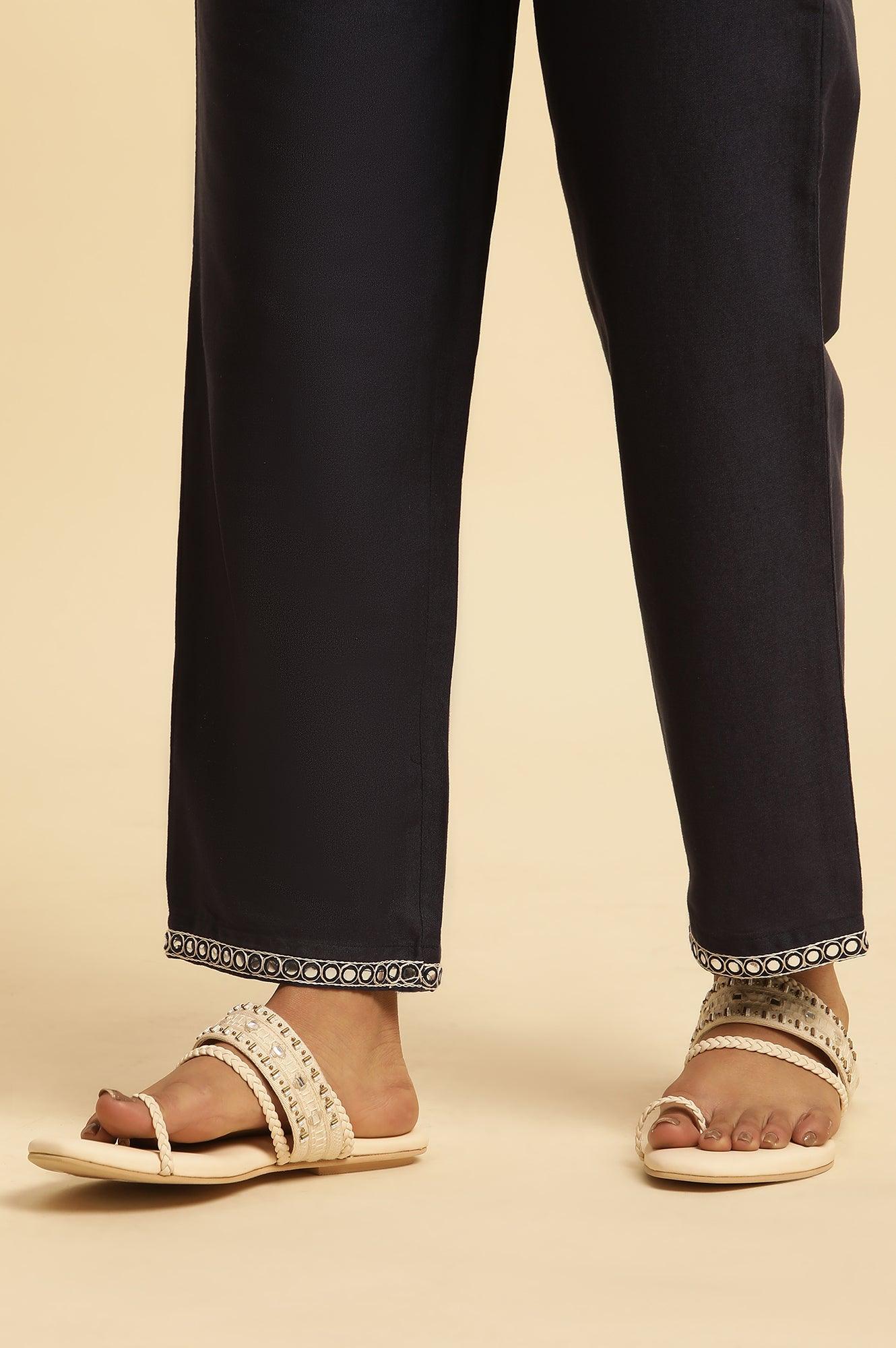 Blue Cotton Flax Straight Pants With Embroidery - Image 8