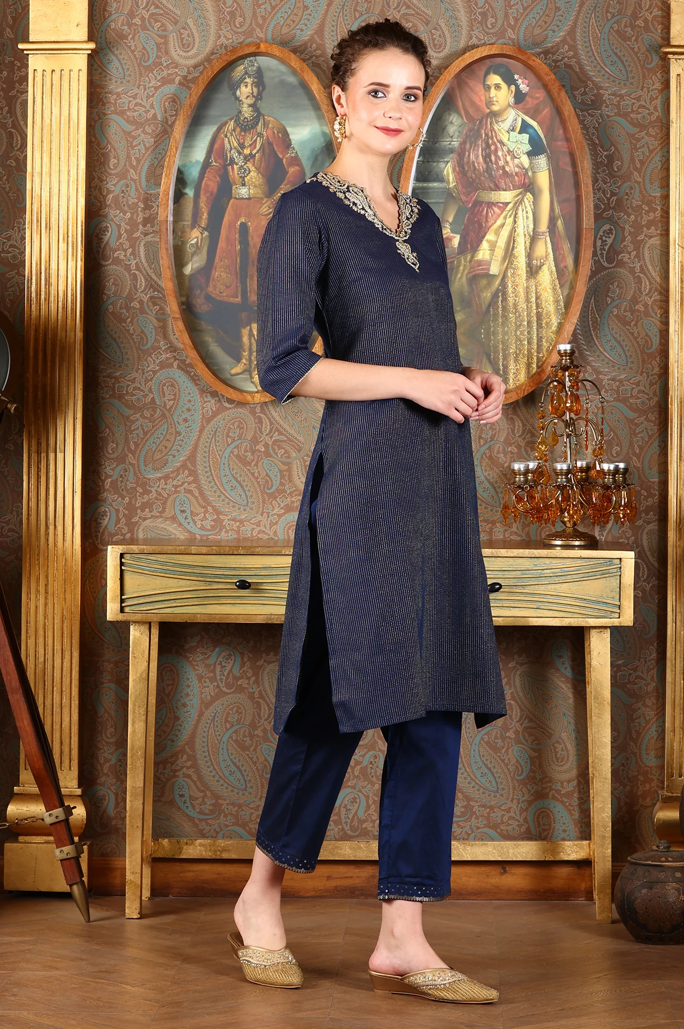 Blue Cotton Lurex Festive Kurta With Embroidered Neckine - Image 6