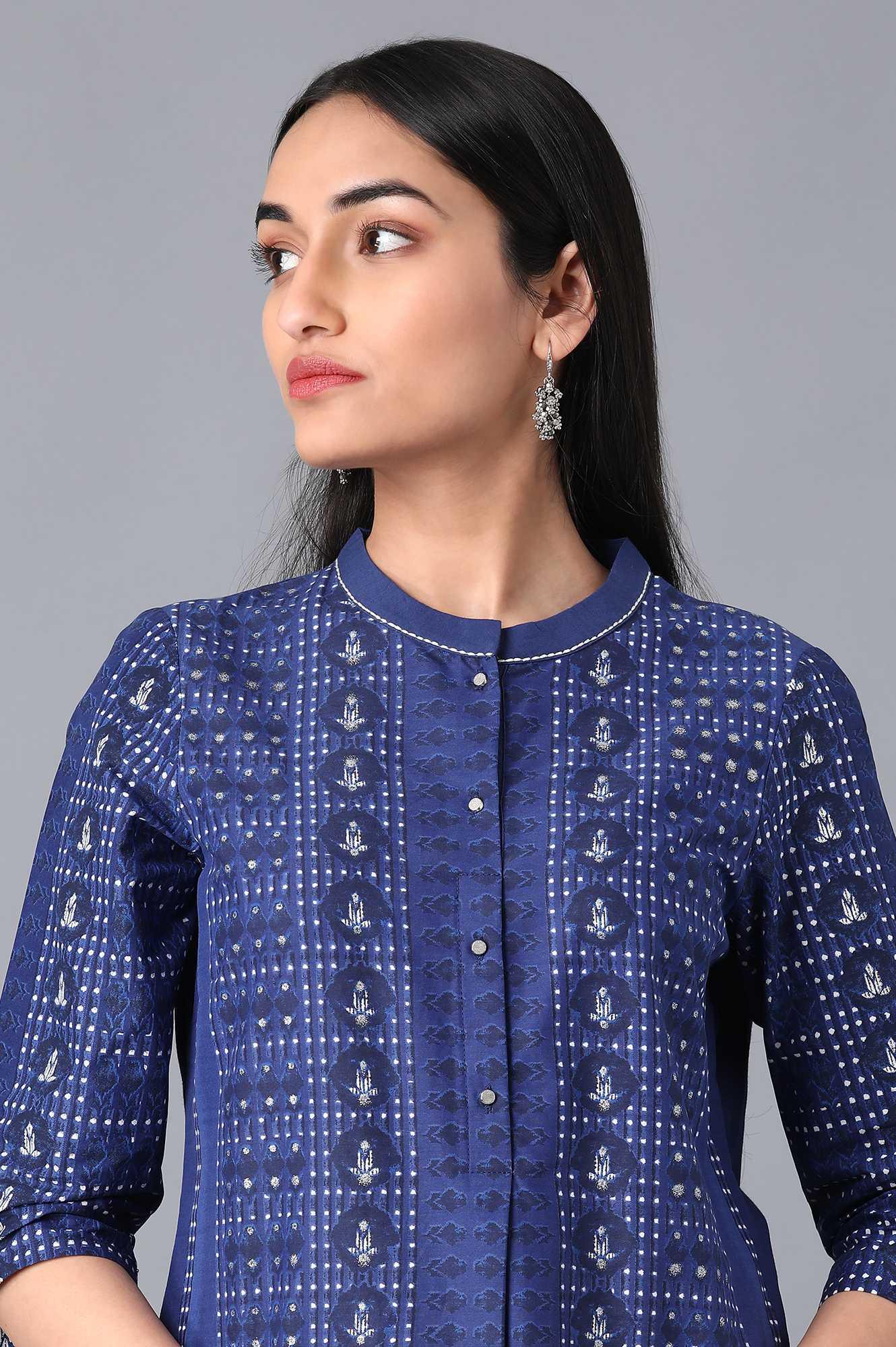 Blue Cotton Printed kurta in Mandarin Collar - Image 5