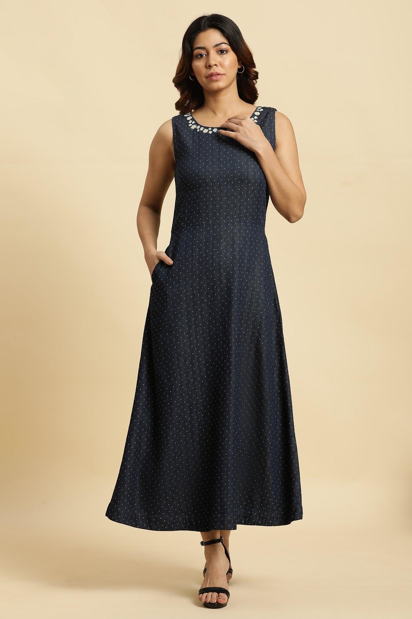 Blue Cotton Sleeveless Embroidered Western Dress - Image 2