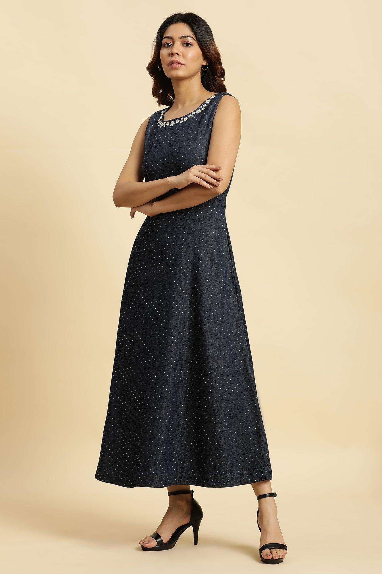 Blue Cotton Sleeveless Embroidered Western Dress - Image 3