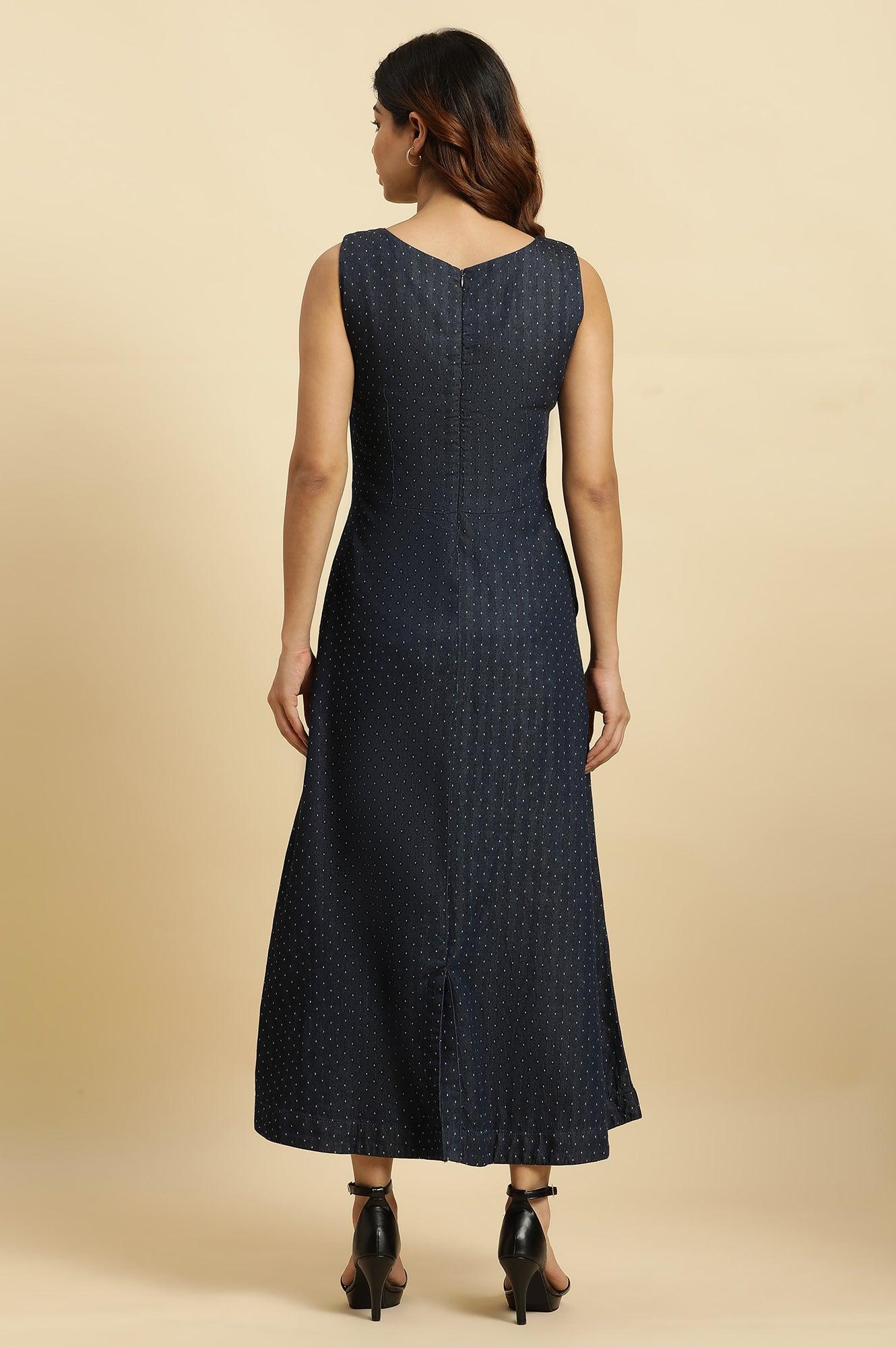 Blue Cotton Sleeveless Embroidered Western Dress - Image 4