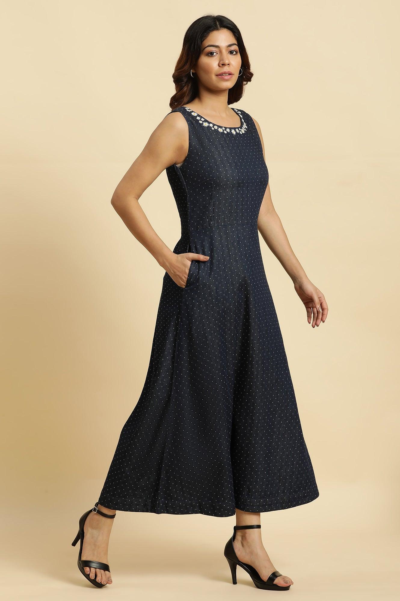 Blue Cotton Sleeveless Embroidered Western Dress - Image 5