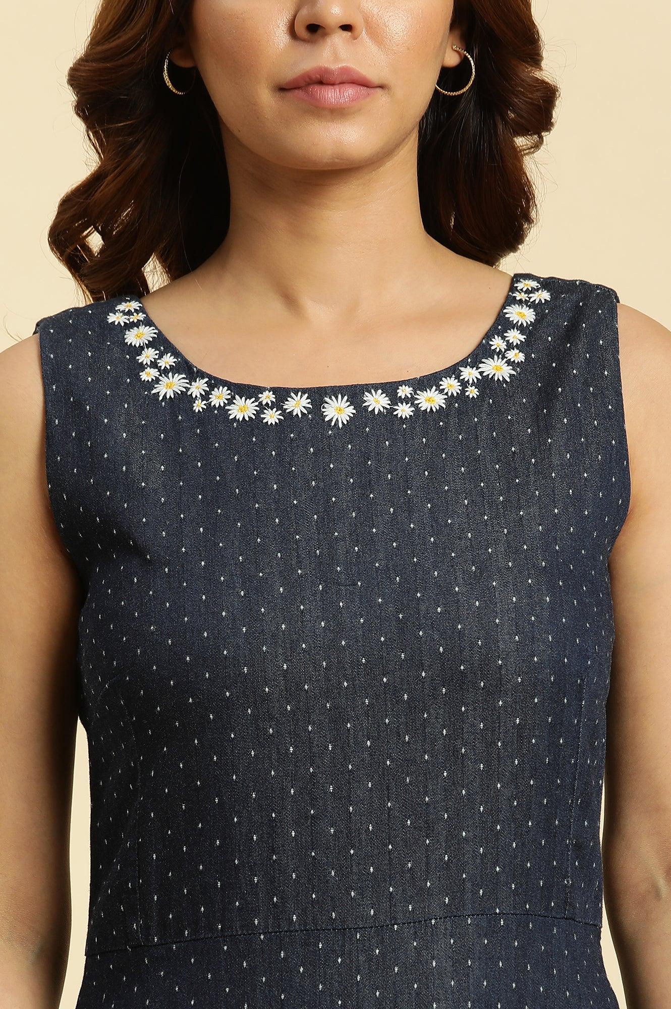 Blue Cotton Sleeveless Embroidered Western Dress - Image 6
