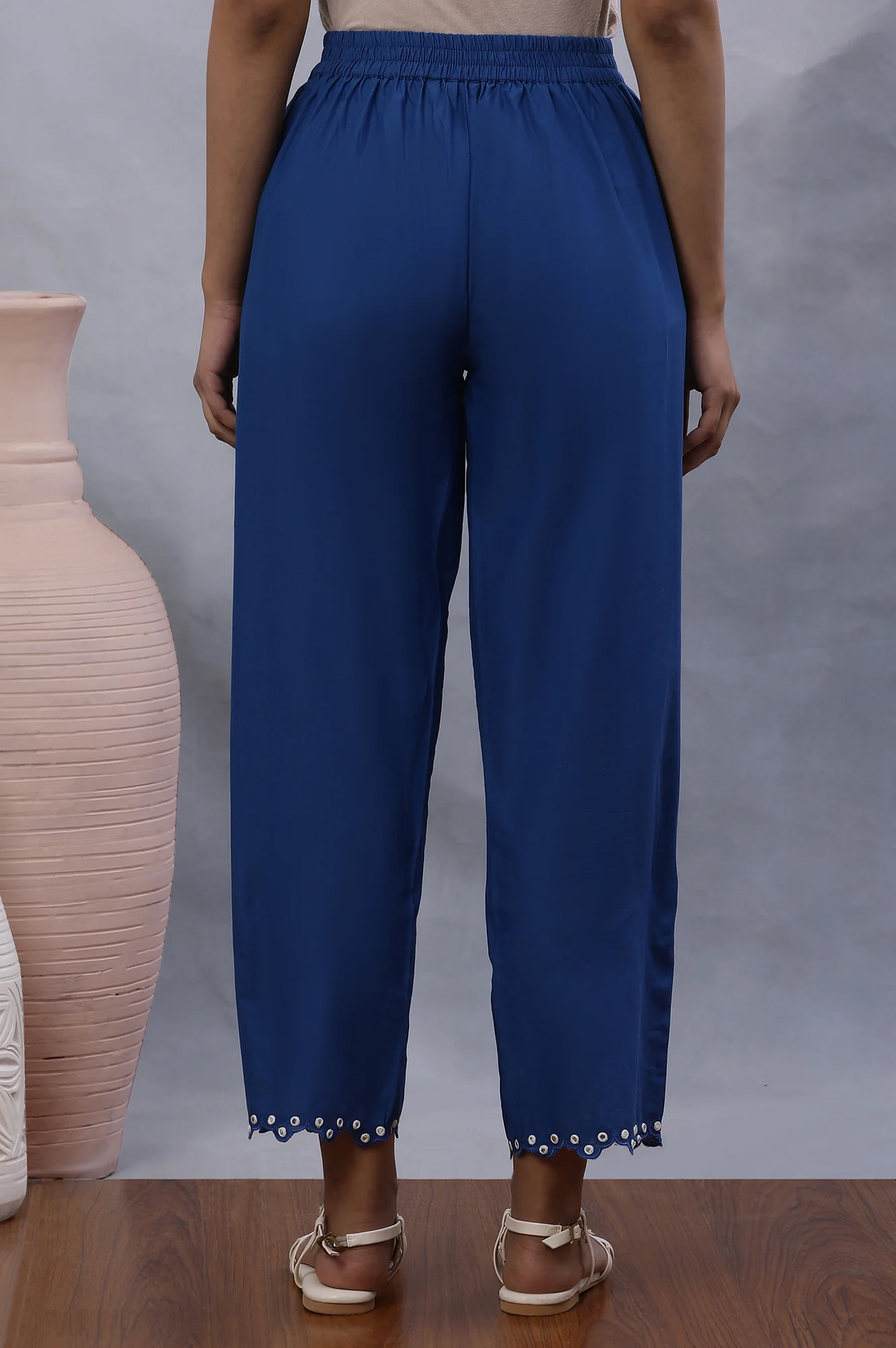 Blue Cotton Straight Pants With Mirror Hemline - Image 3