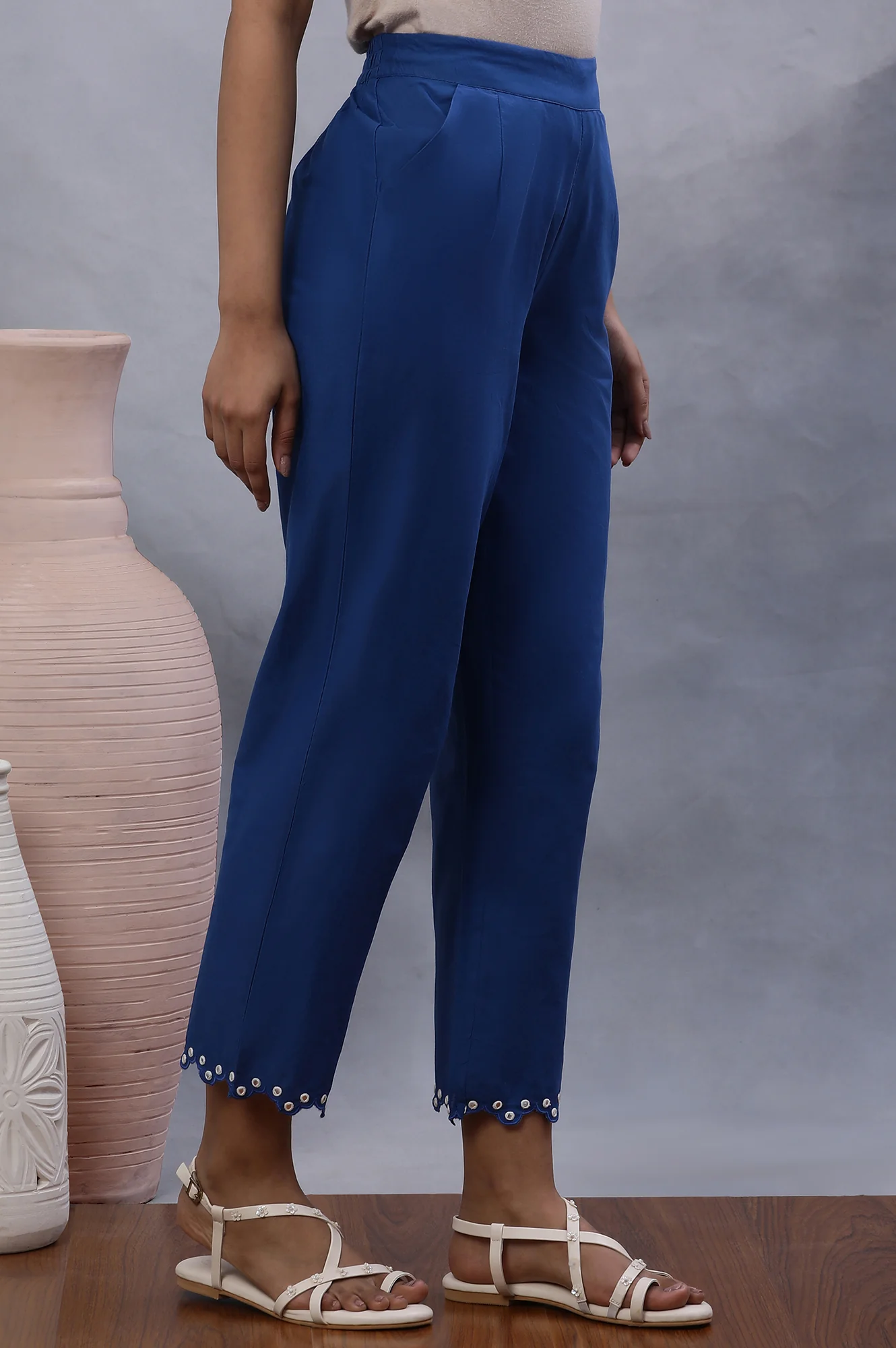 Blue Cotton Straight Pants With Mirror Hemline - Image 4