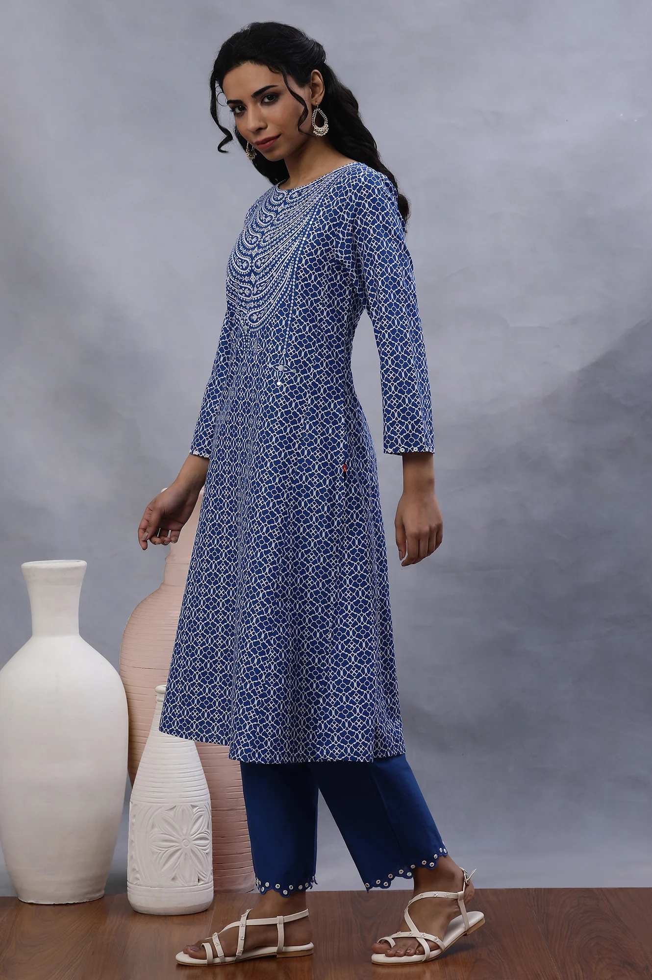 Blue Cotton Straight Pants With Mirror Hemline - Image 5