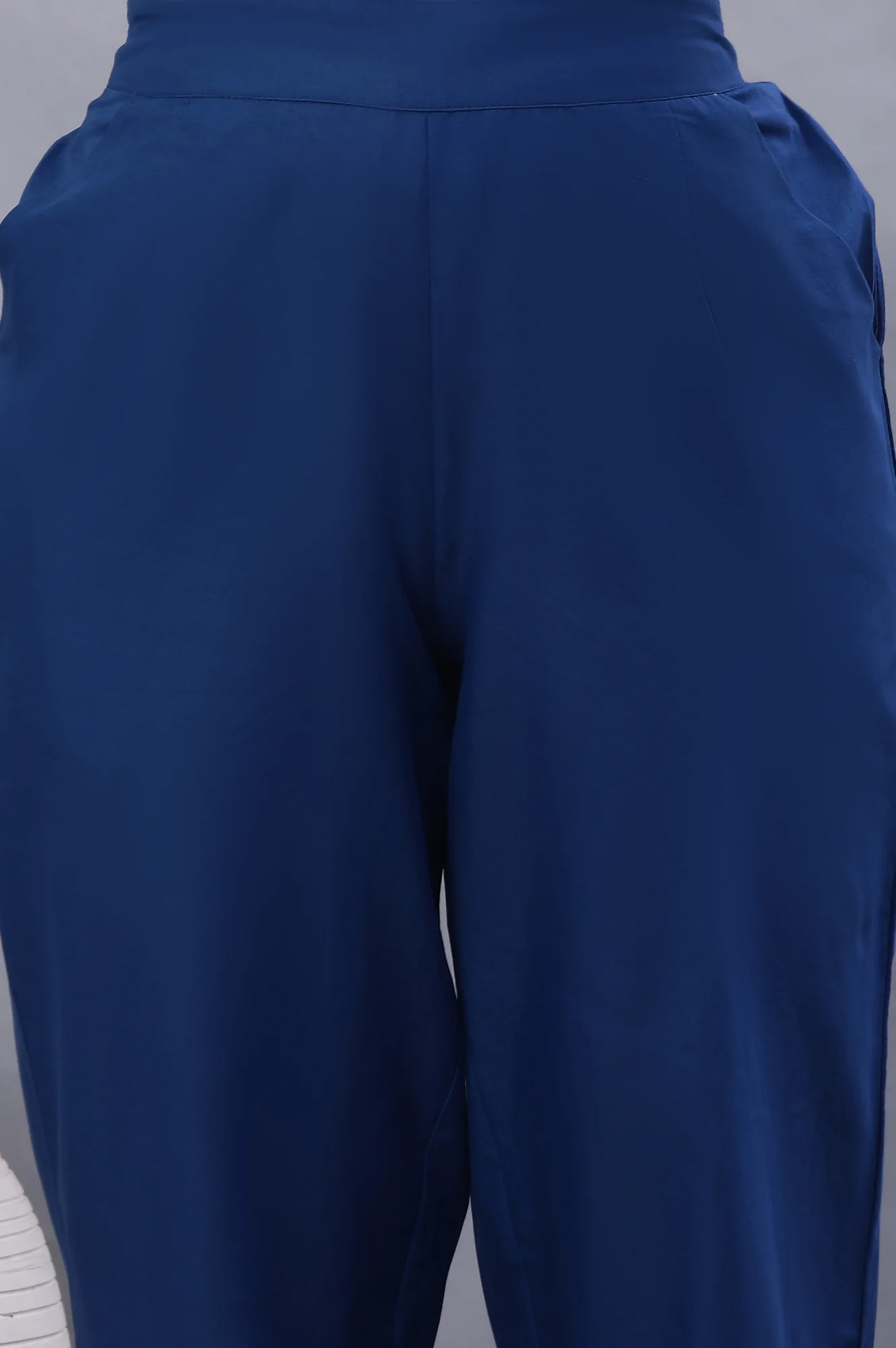 Blue Cotton Straight Pants With Mirror Hemline - Image 6