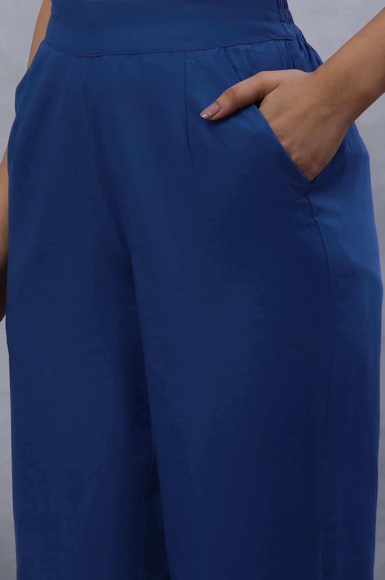Blue Cotton Straight Pants With Mirror Hemline - Image 7