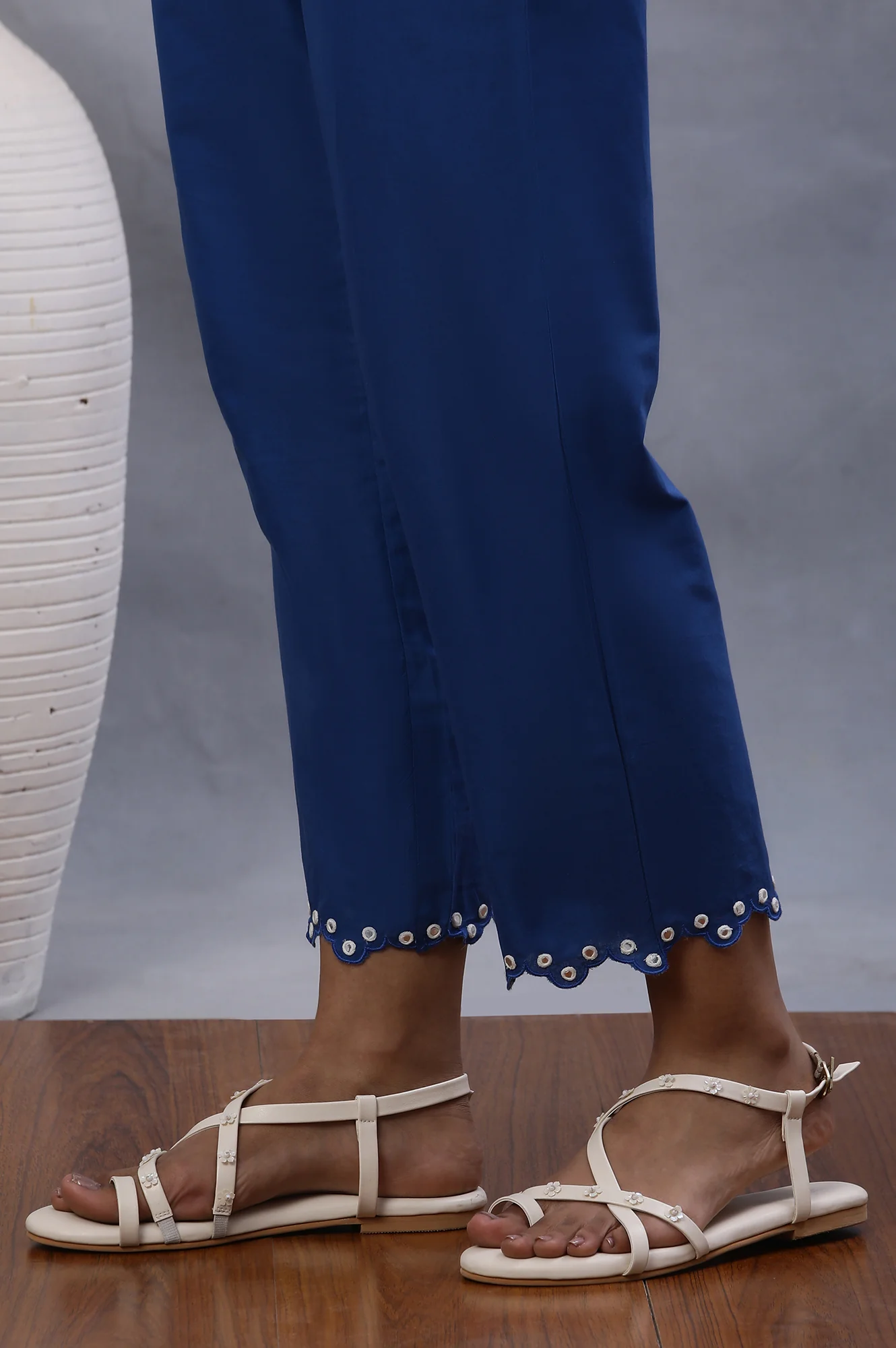 Blue Cotton Straight Pants With Mirror Hemline - Image 8