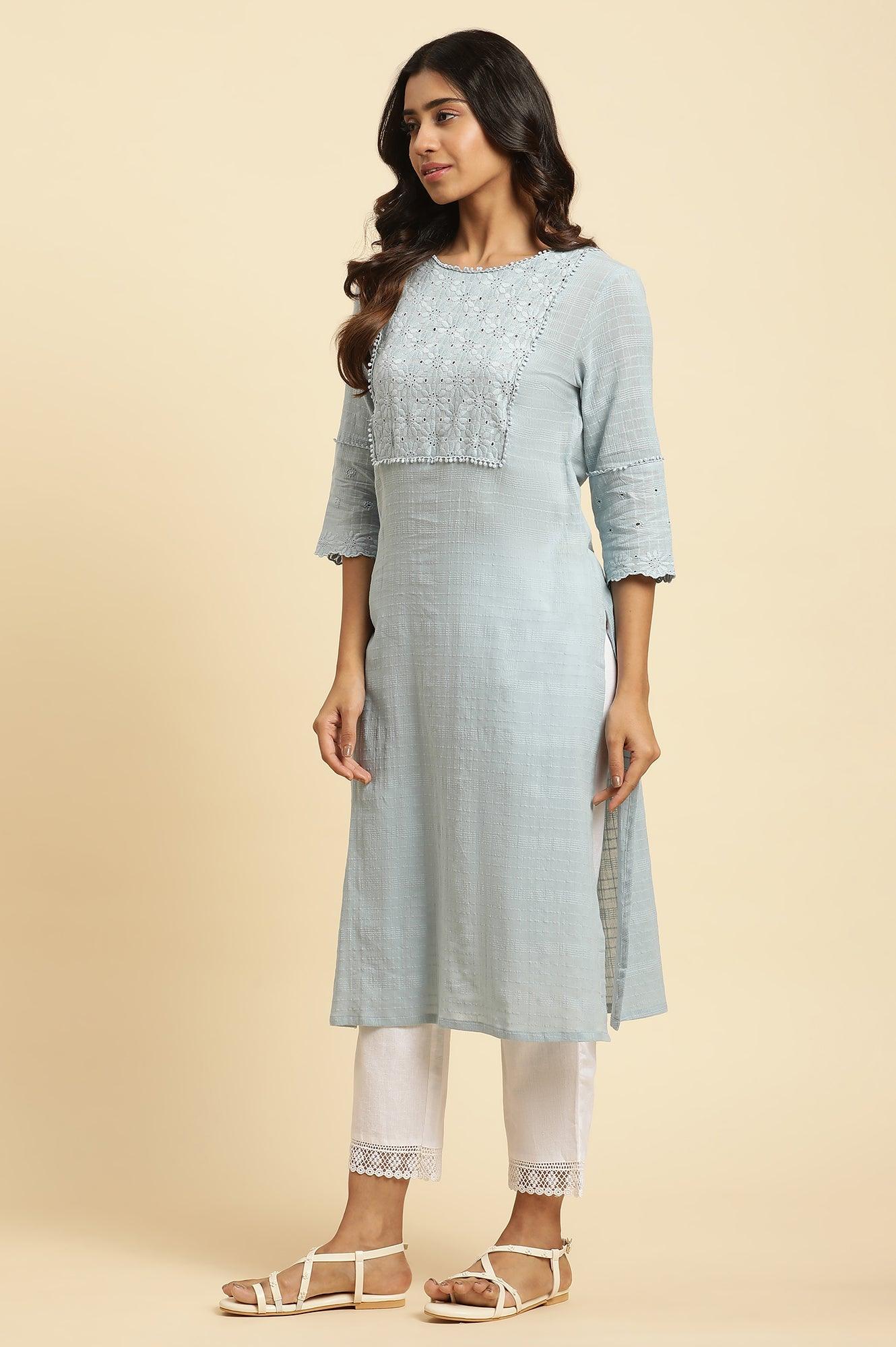 Blue Cotton Texture Schiffli Kurta - Image 3