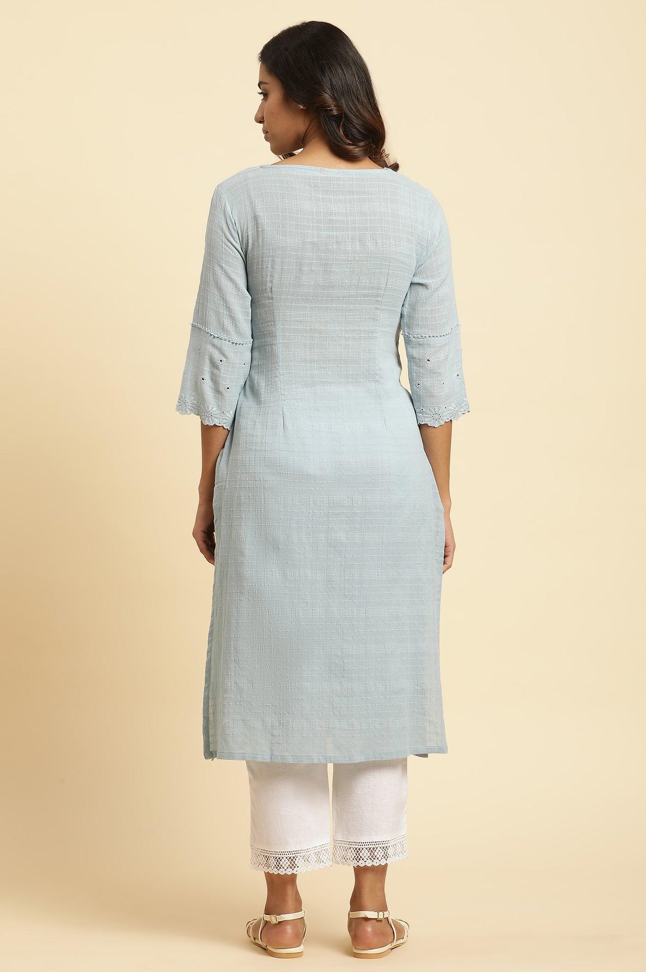 Blue Cotton Texture Schiffli Kurta - Image 4