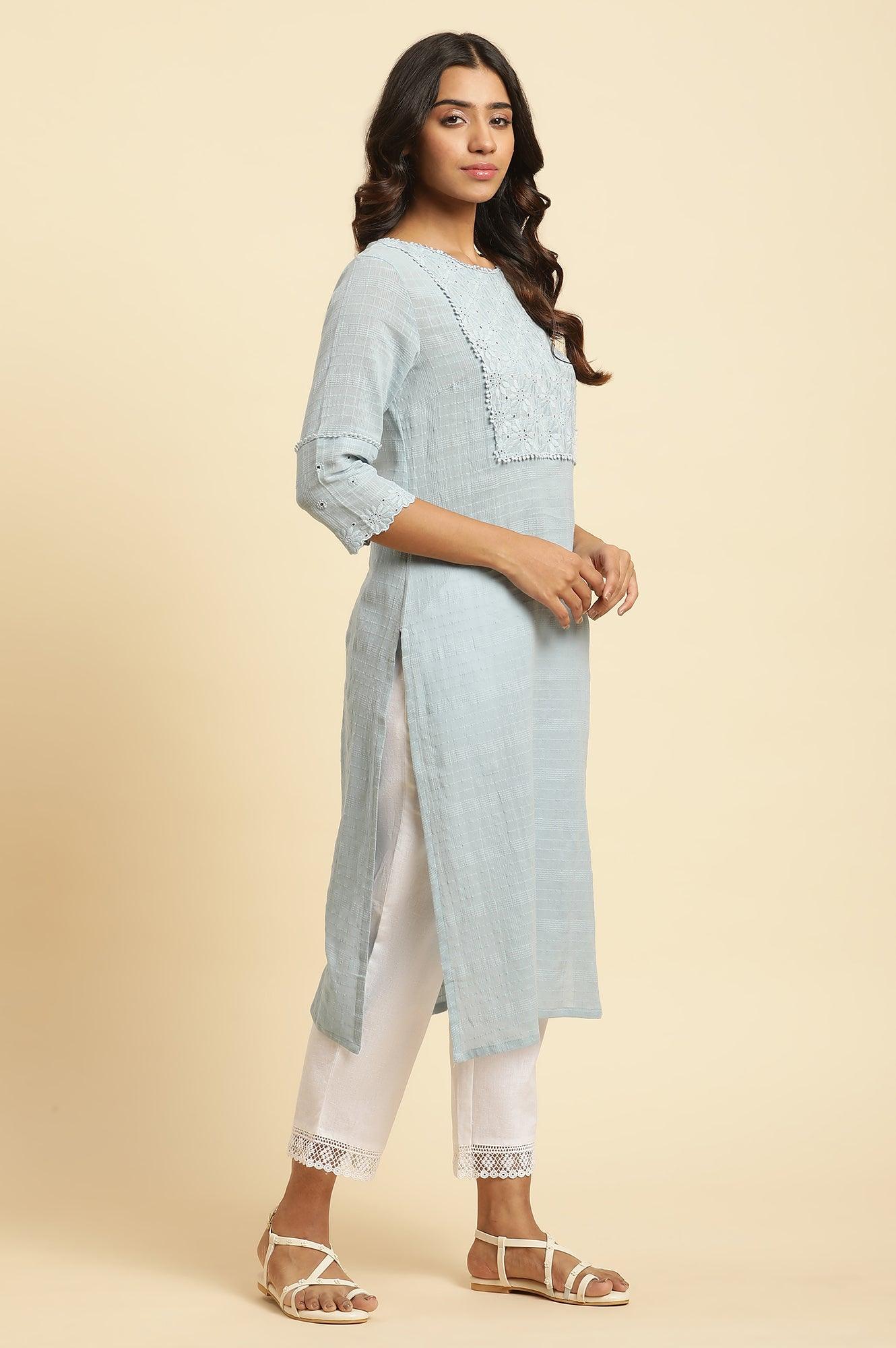 Blue Cotton Texture Schiffli Kurta - Image 5