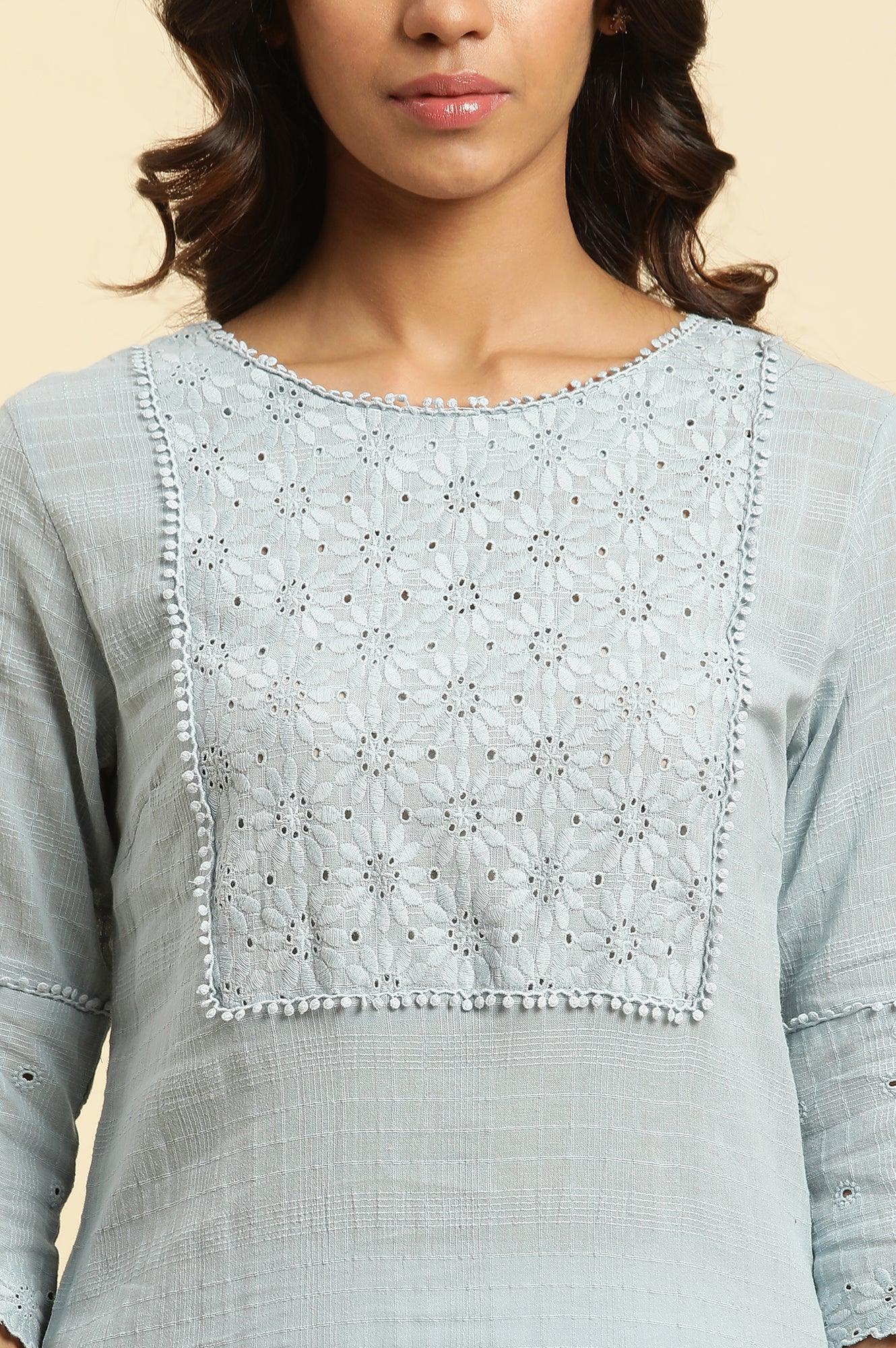 Blue Cotton Texture Schiffli Kurta - Image 6
