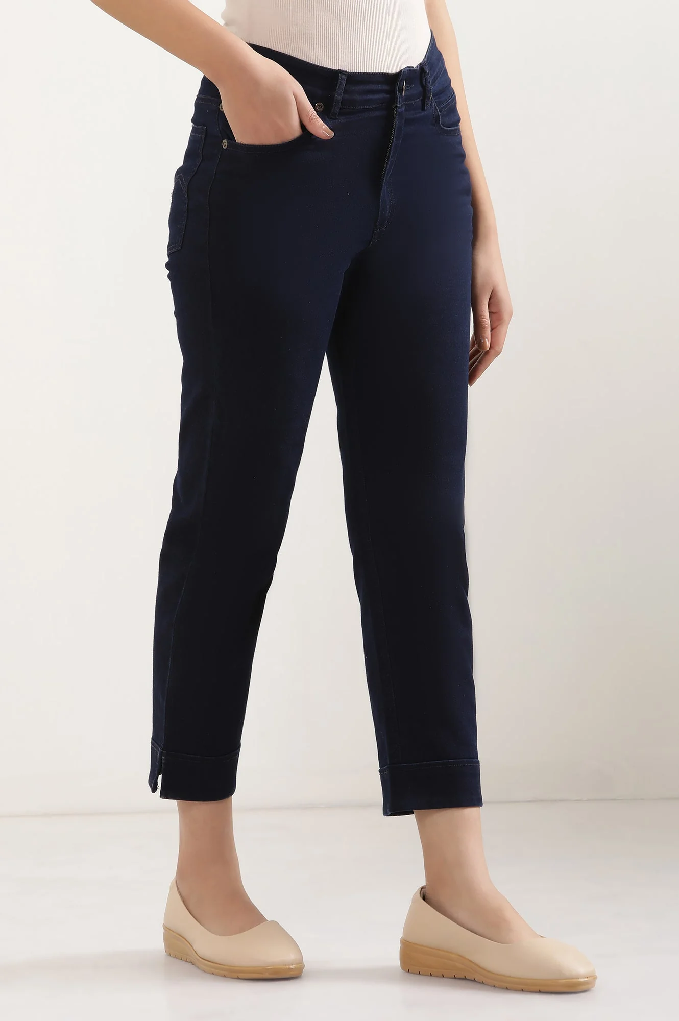 Elleven Women's Navy Blue Solid Straight-fit Denim Pants with Side Slit - Image 5