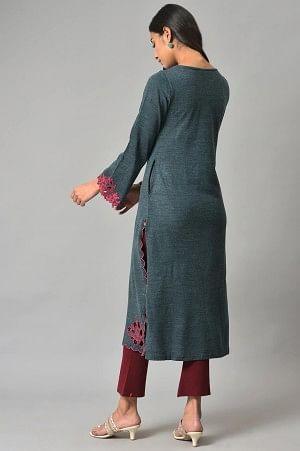 Blue Cutout Embroidered Plus Size Winter Kurta - Image 2