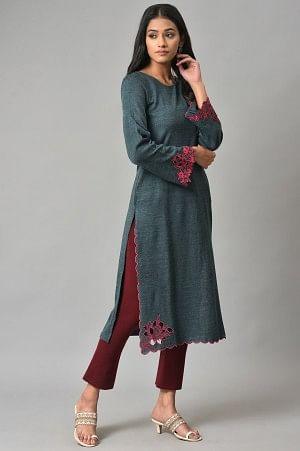 Blue Cutout Embroidered Plus Size Winter Kurta - Image 4