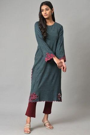 Blue Cutout Embroidered Plus Size Winter Kurta - Image 6