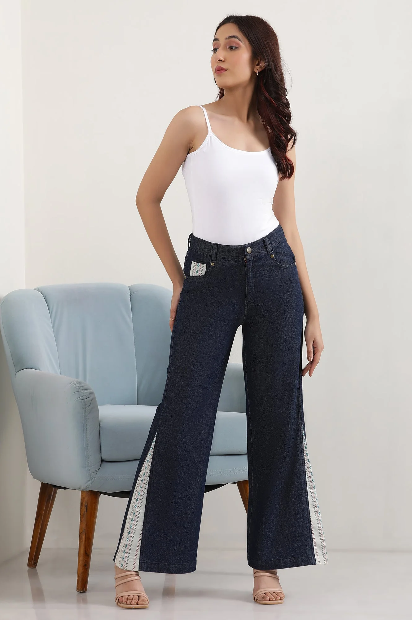 Elleven Women's Blue Solid Flared Denim Palazzo With Printed Side Inserts