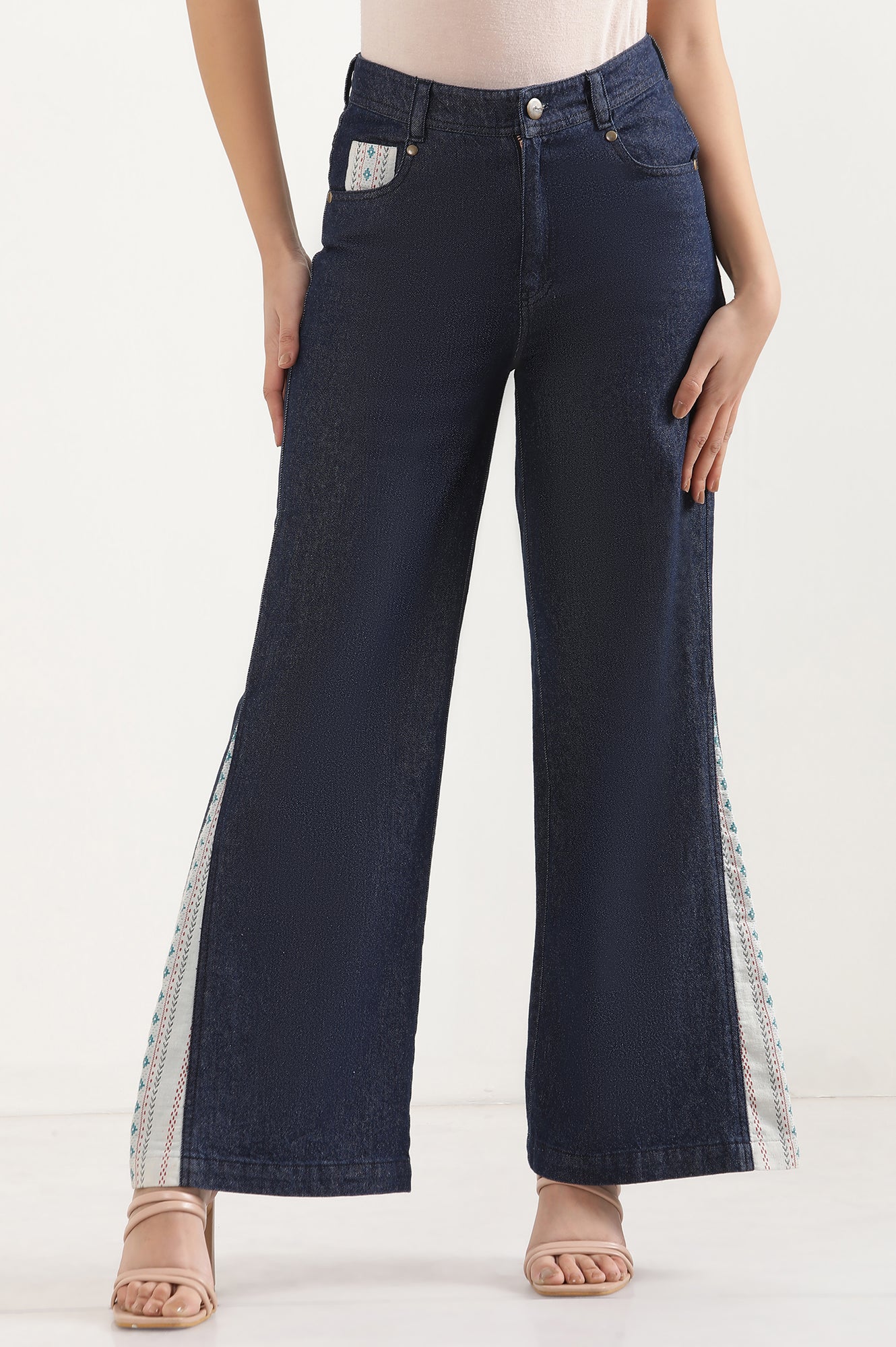Elleven Women's Blue Solid Flared Denim Palazzo With Printed Side Inserts - Image 2