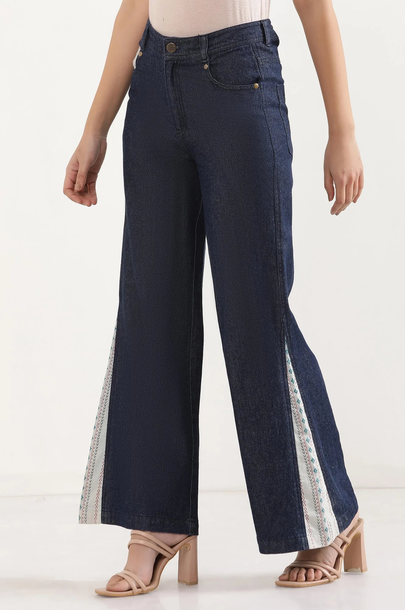 Elleven Women's Blue Solid Flared Denim Palazzo With Printed Side Inserts - Image 3
