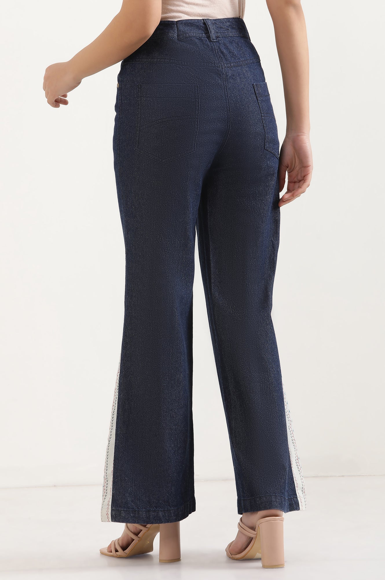 Elleven Women's Blue Solid Flared Denim Palazzo With Printed Side Inserts - Image 4