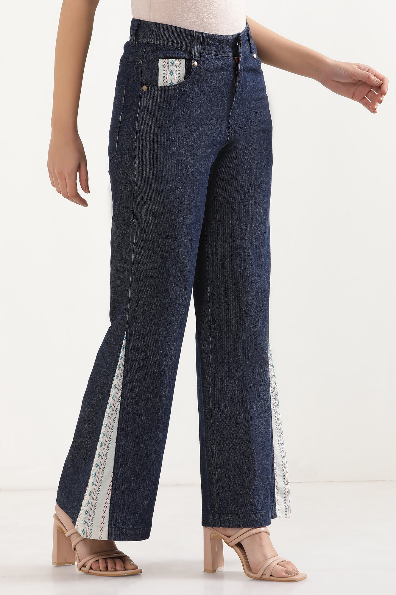 Elleven Women's Blue Solid Flared Denim Palazzo With Printed Side Inserts - Image 5