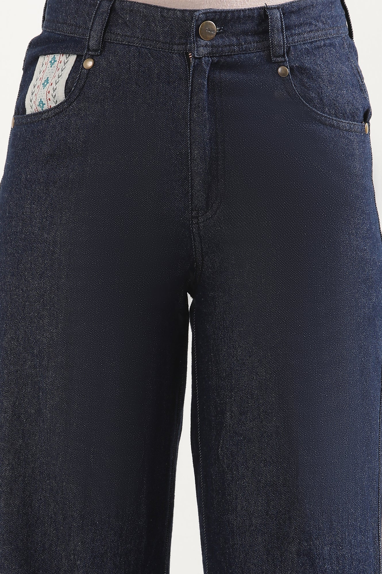 Elleven Women's Blue Solid Flared Denim Palazzo With Printed Side Inserts - Image 6