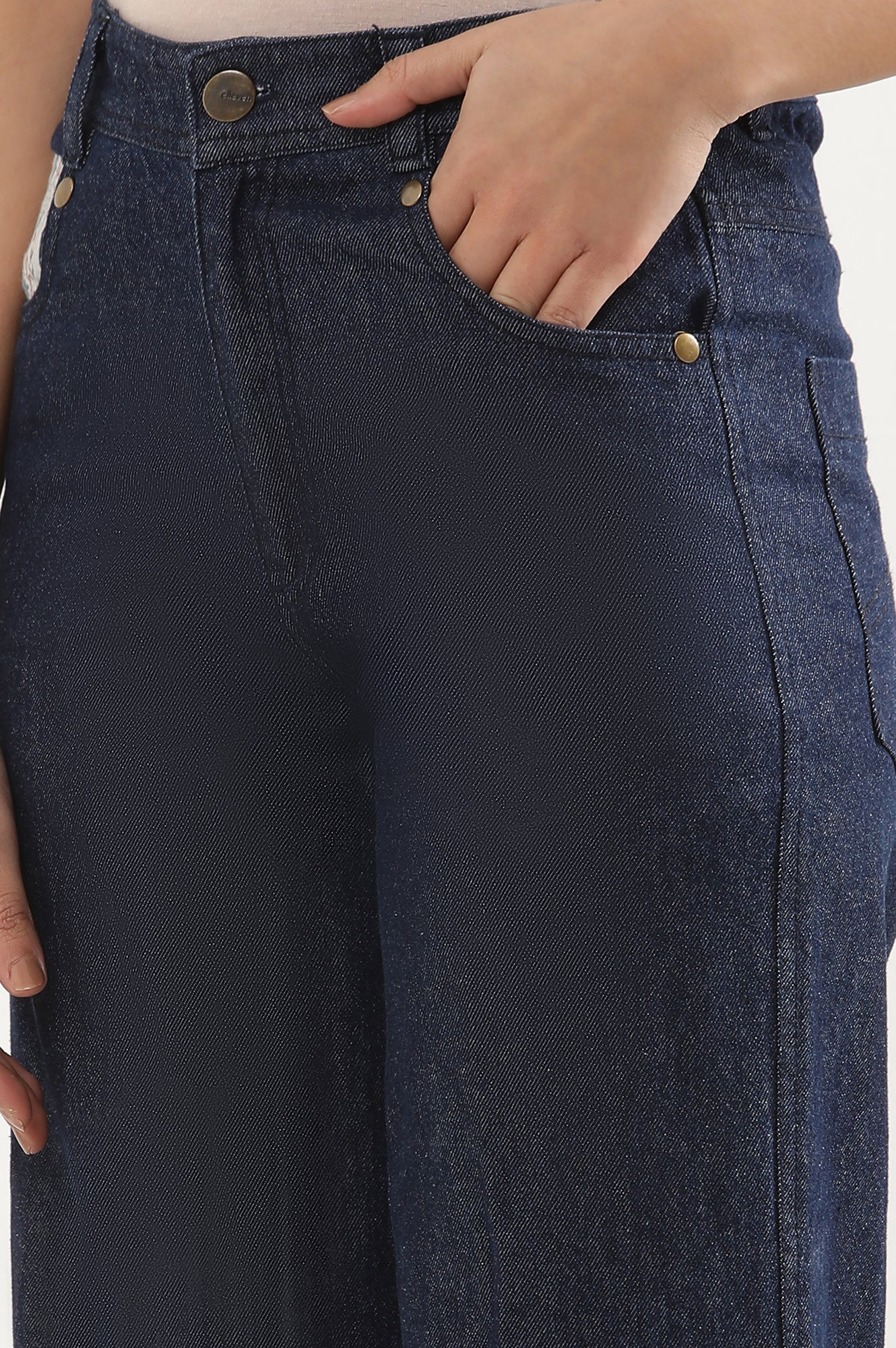 Elleven Women's Blue Solid Flared Denim Palazzo With Printed Side Inserts - Image 7
