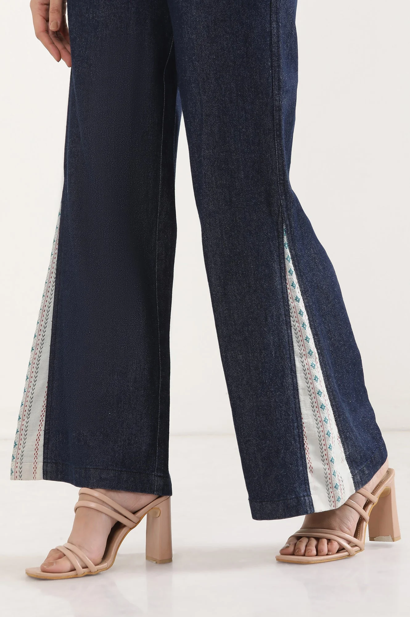 Elleven Women's Blue Solid Flared Denim Palazzo With Printed Side Inserts - Image 8