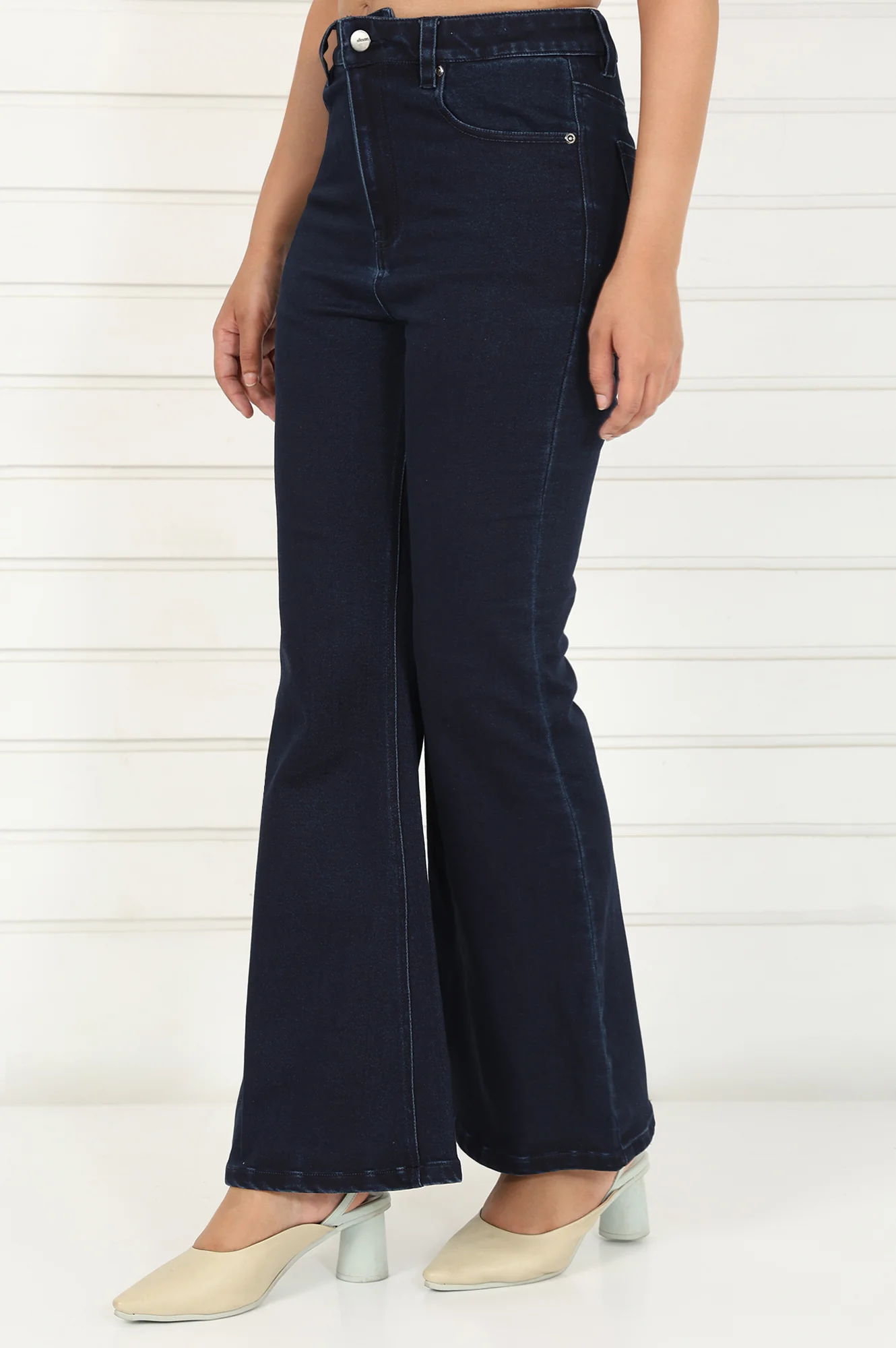 Elleven Women's Blue Denim Lycra Mid Rise Ankle Length Flared Pants with YKK Zipper - Image 3