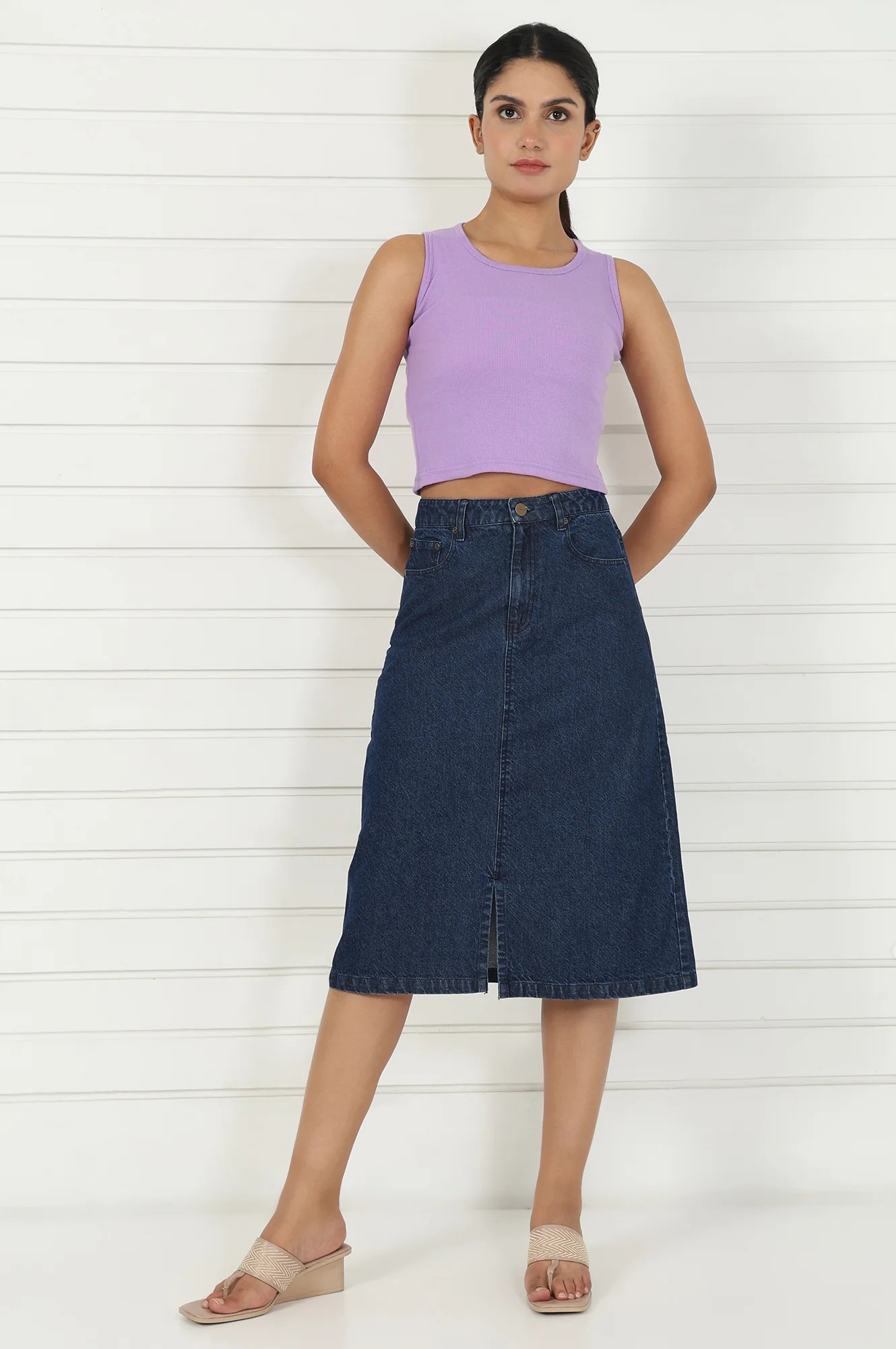 Elleven Women's Blue Denim Mid Rise Calf Length Skirt with YKK Zipper